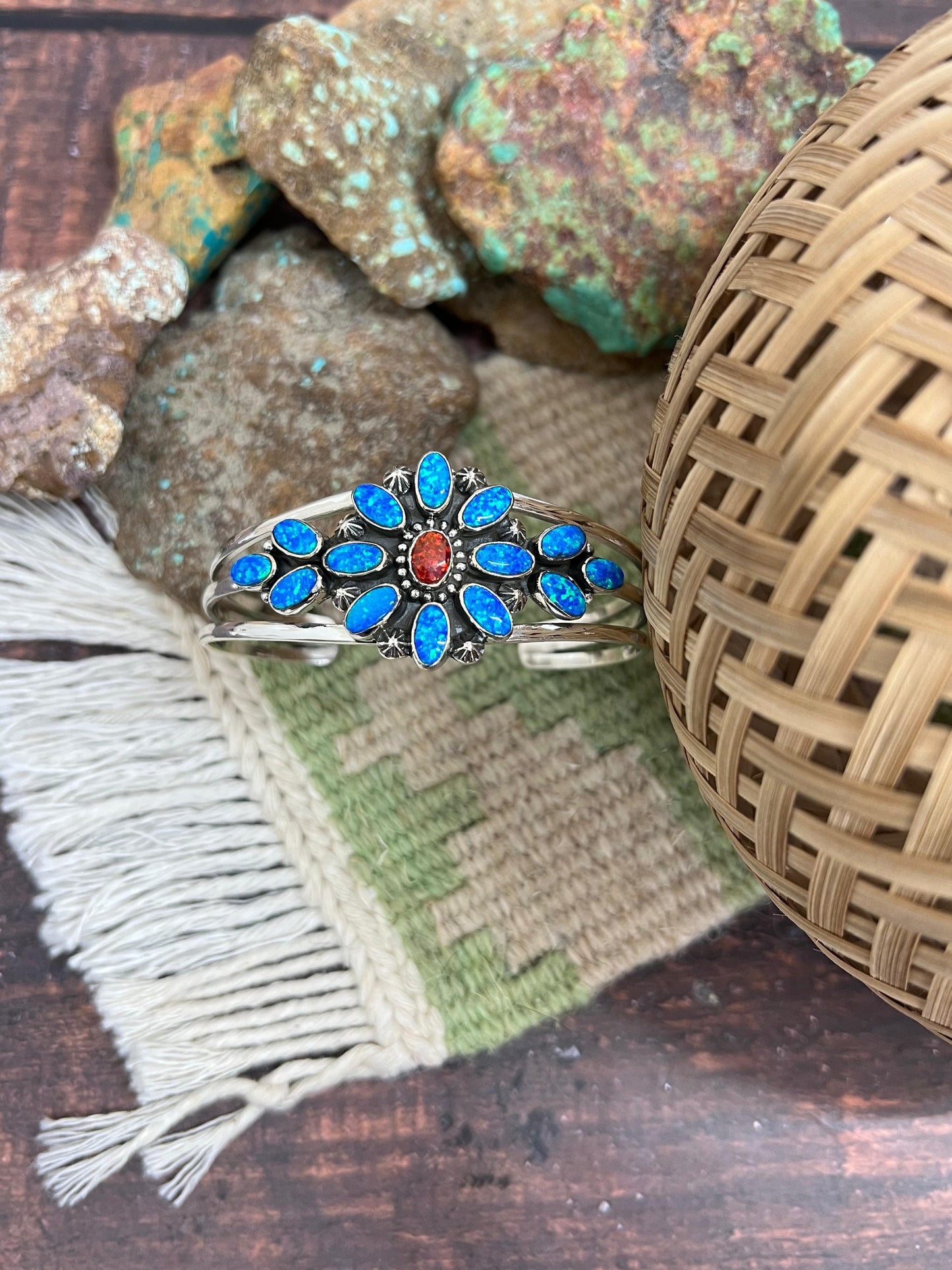 Handmade Sterling Silver Synthetic Opal Cuff Bracelet with Signed Nizhoni
