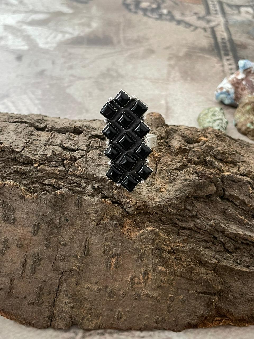 "Halloween Collection" Handmade Sterling Silver Black Onyx Adjustable Ring with Signed Nizhoni