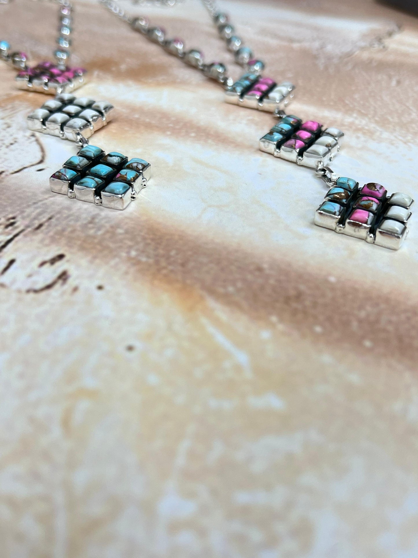 Handmade Sterling Silver Cotton Candy Turquoise Necklace with Signed Nizhoni