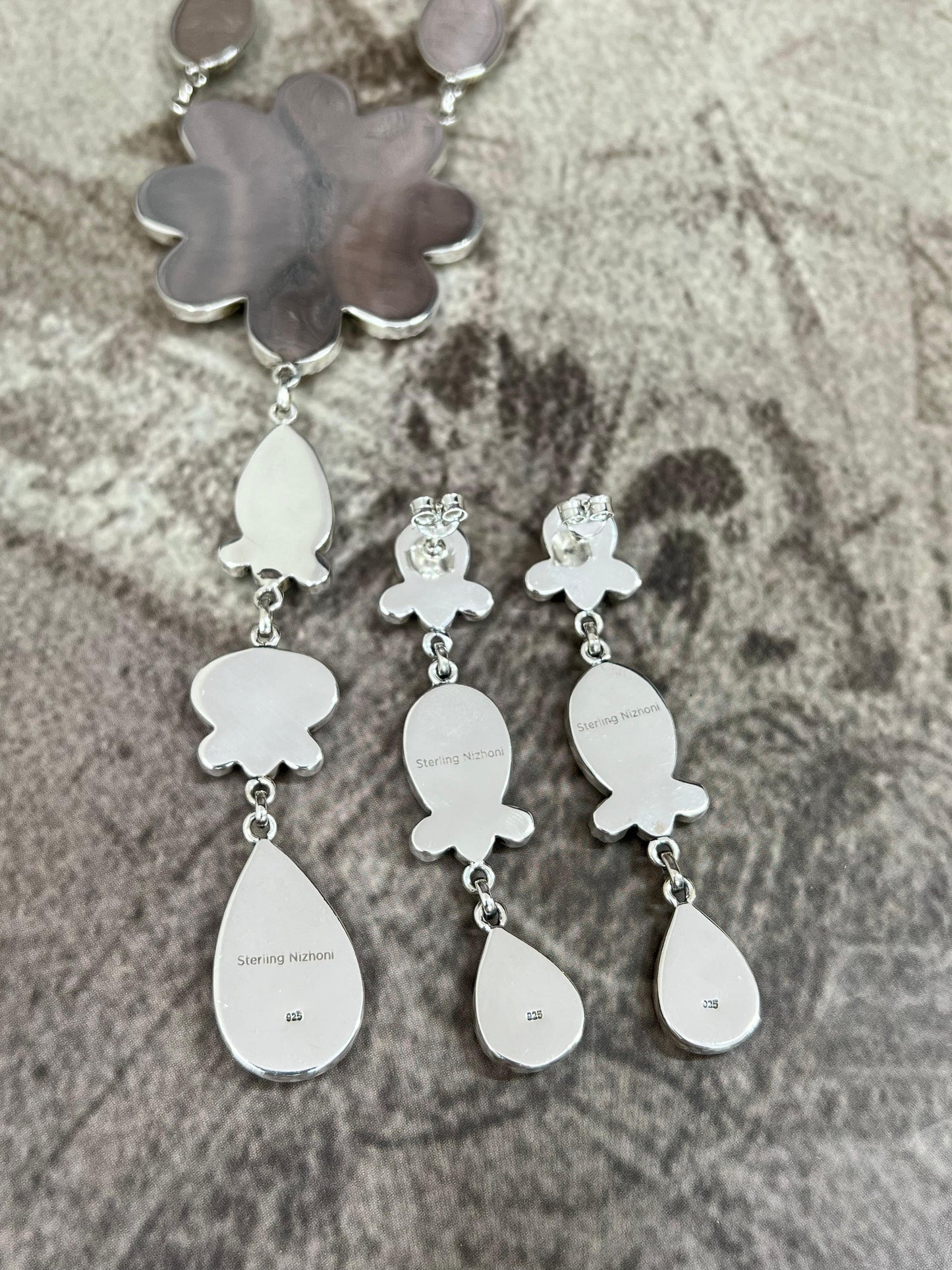 Handmade Sterling Silver Honey Dahlia with Kingman Turquoise Necklace Earrings Set, Signed Nizhoni