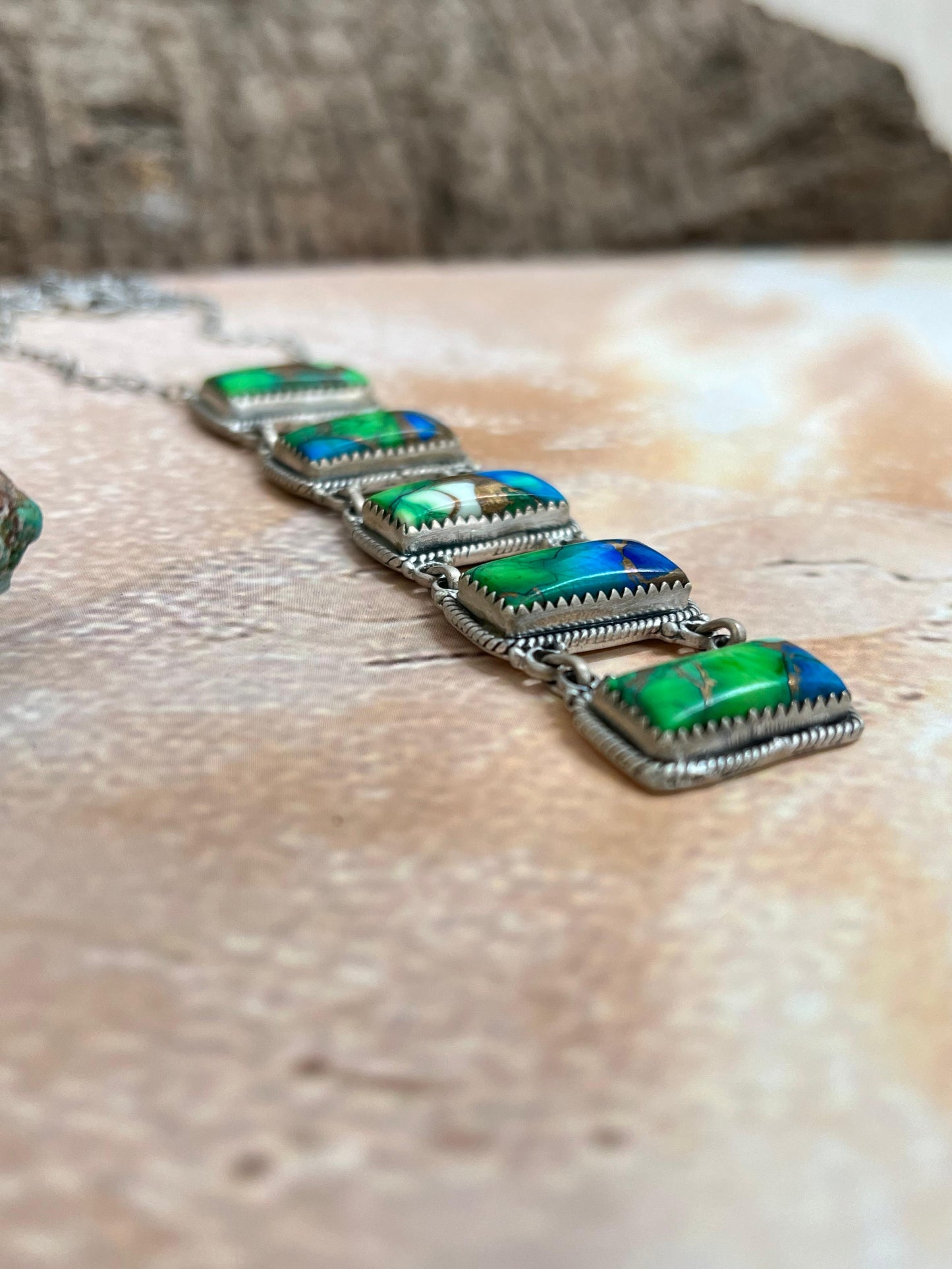 Handmade Sterling Silver Peacock Dahlia Stairs Style Necklace with Signed Nizhoni