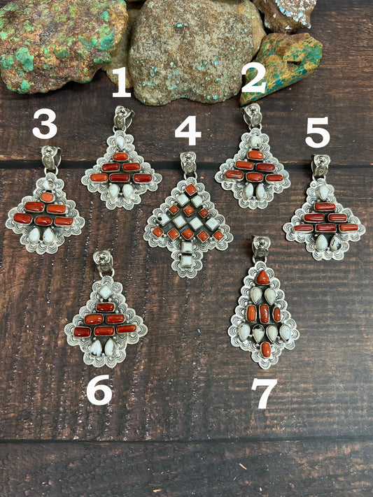 Handmade Sterling Silver Coral with White Buffalo Turquoise Pendant, Signed Nizhoni