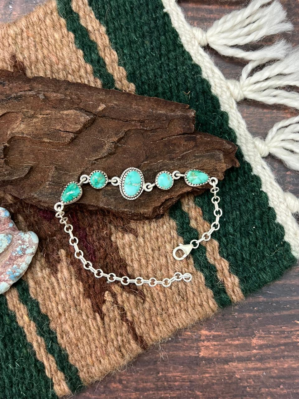 Handmade Sterling Silver Emerald Valley Turquoise Chain Bracelet "Signed Nizhoni"