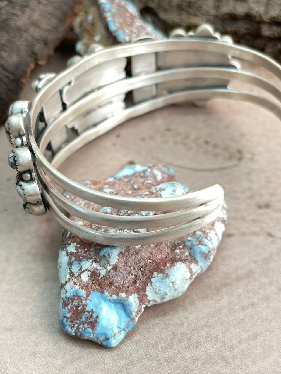 Handmade Sterling Silver White Buffalo Cuff Bracelet with Signed Nizhoni