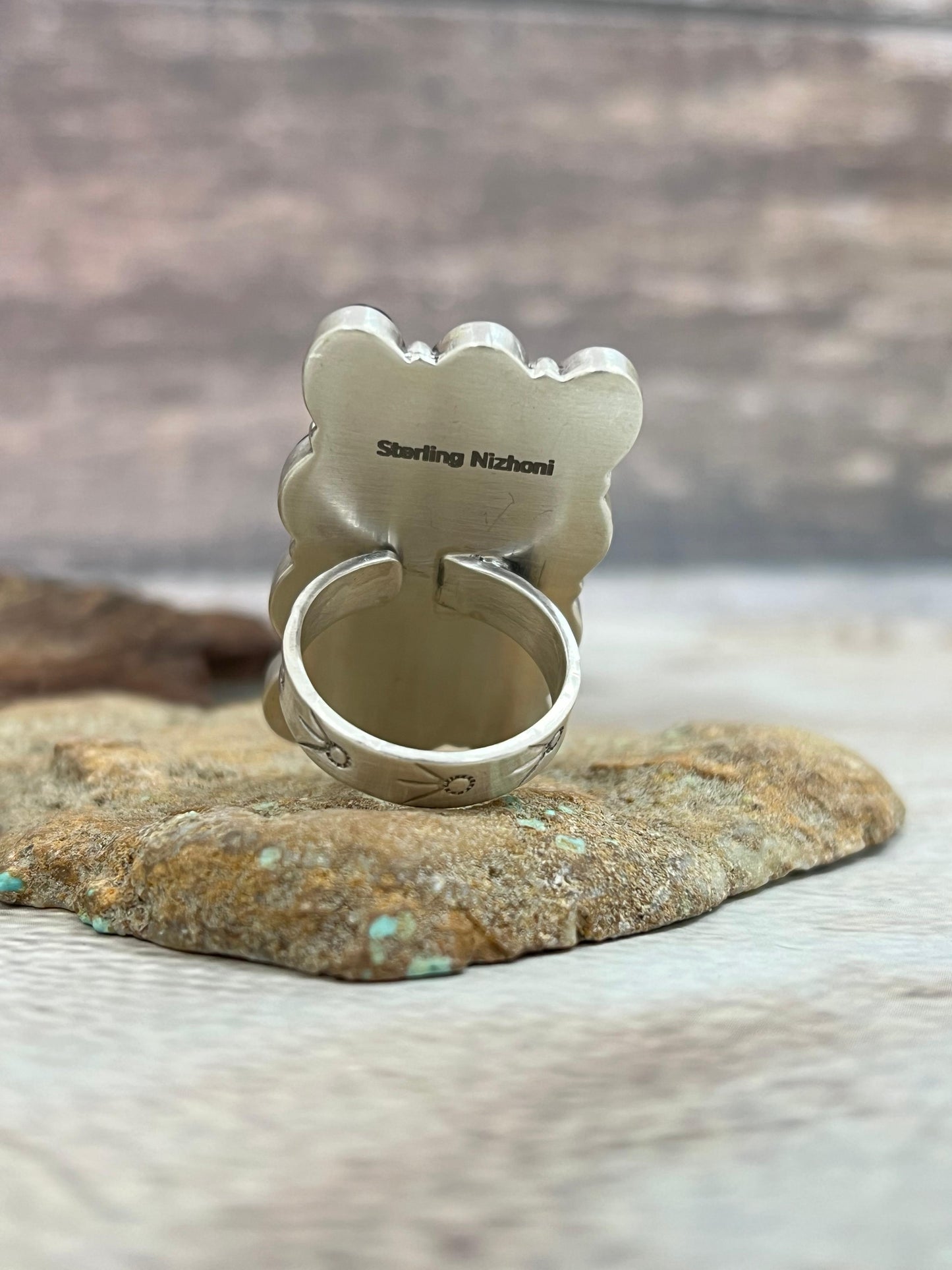 Handmade Sterling Silver Blackjack Turquoise Adjustable Ring Signed Nizhoni
