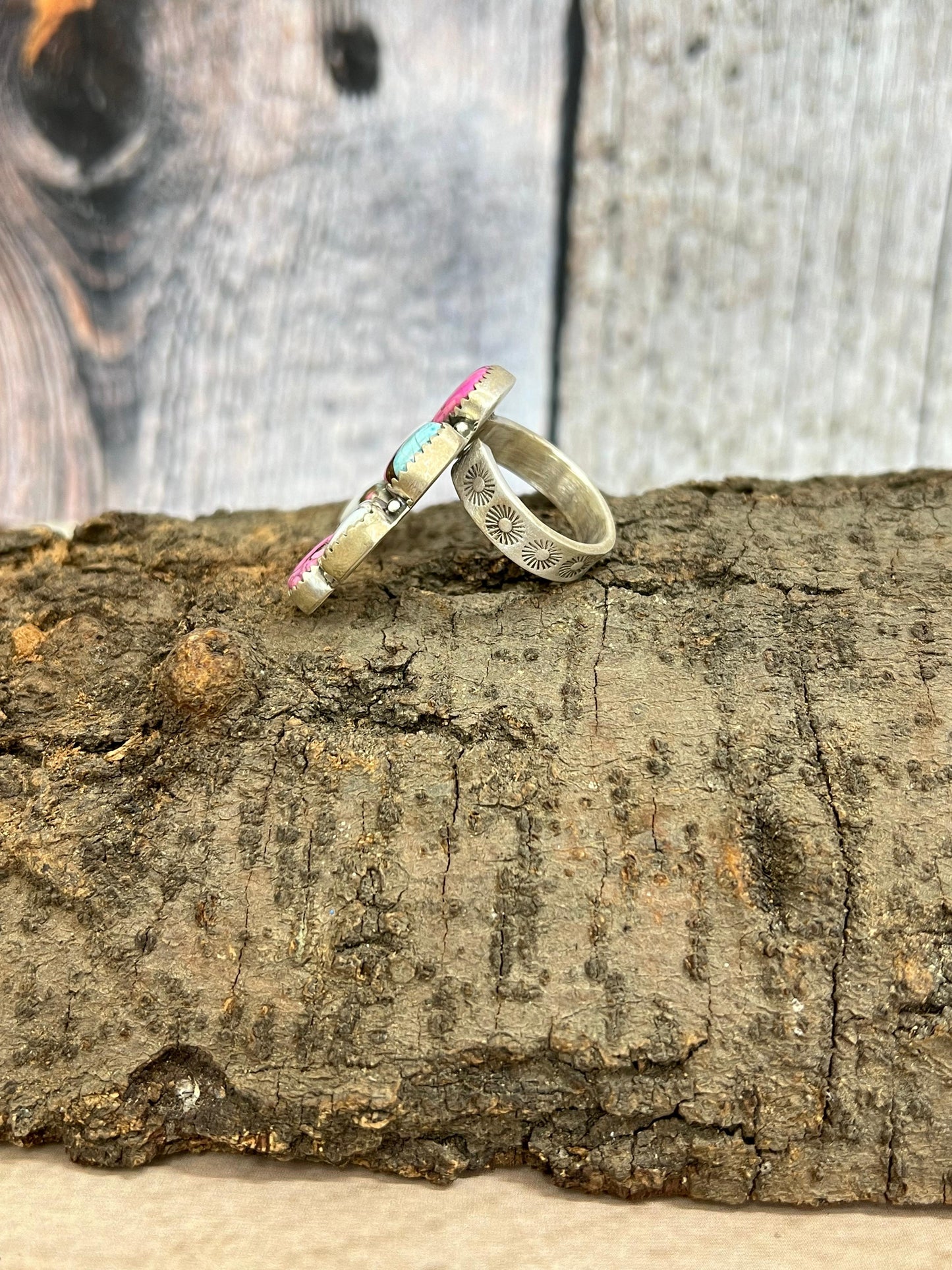 Handmade Sterling Silver Cotton Candy Turquoise Adjustable Rings with Signed Nizhoni