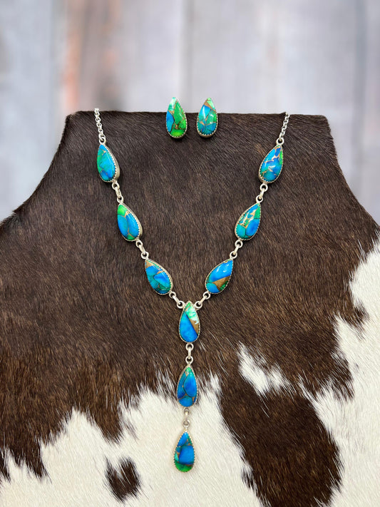 Handmade Sterling Silver Peacock Dahlia Necklace Earrings Set with Signed Nizhoni