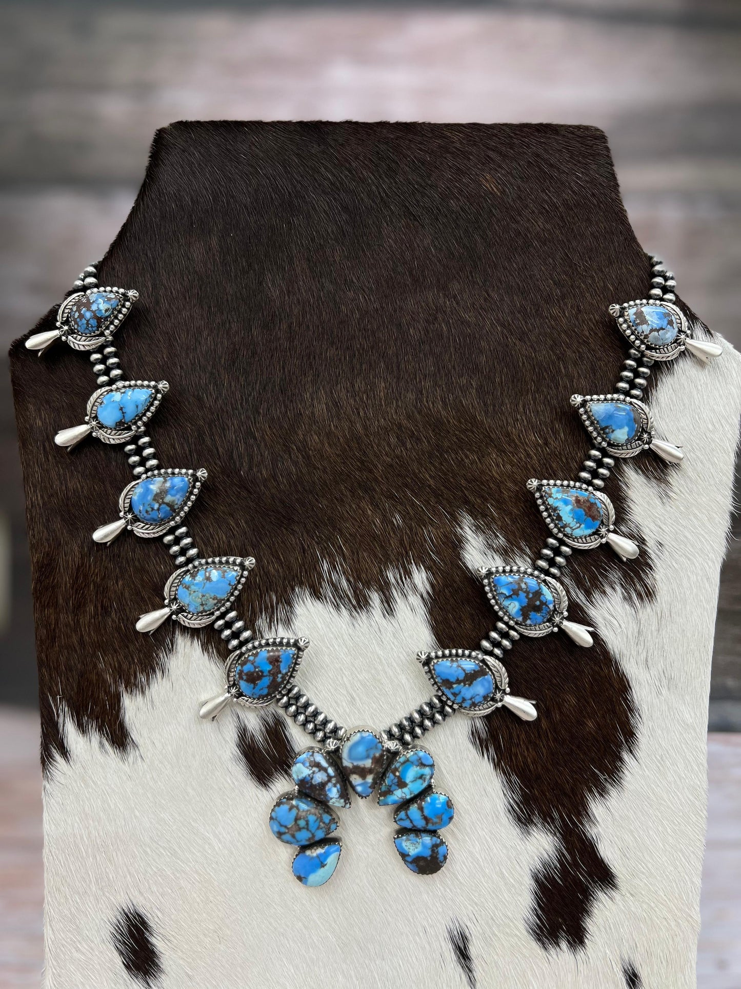 Handmade Sterling Silver Golden Hills Turquoise Beaded Squash Blossom Necklace with Signed Nizhoni