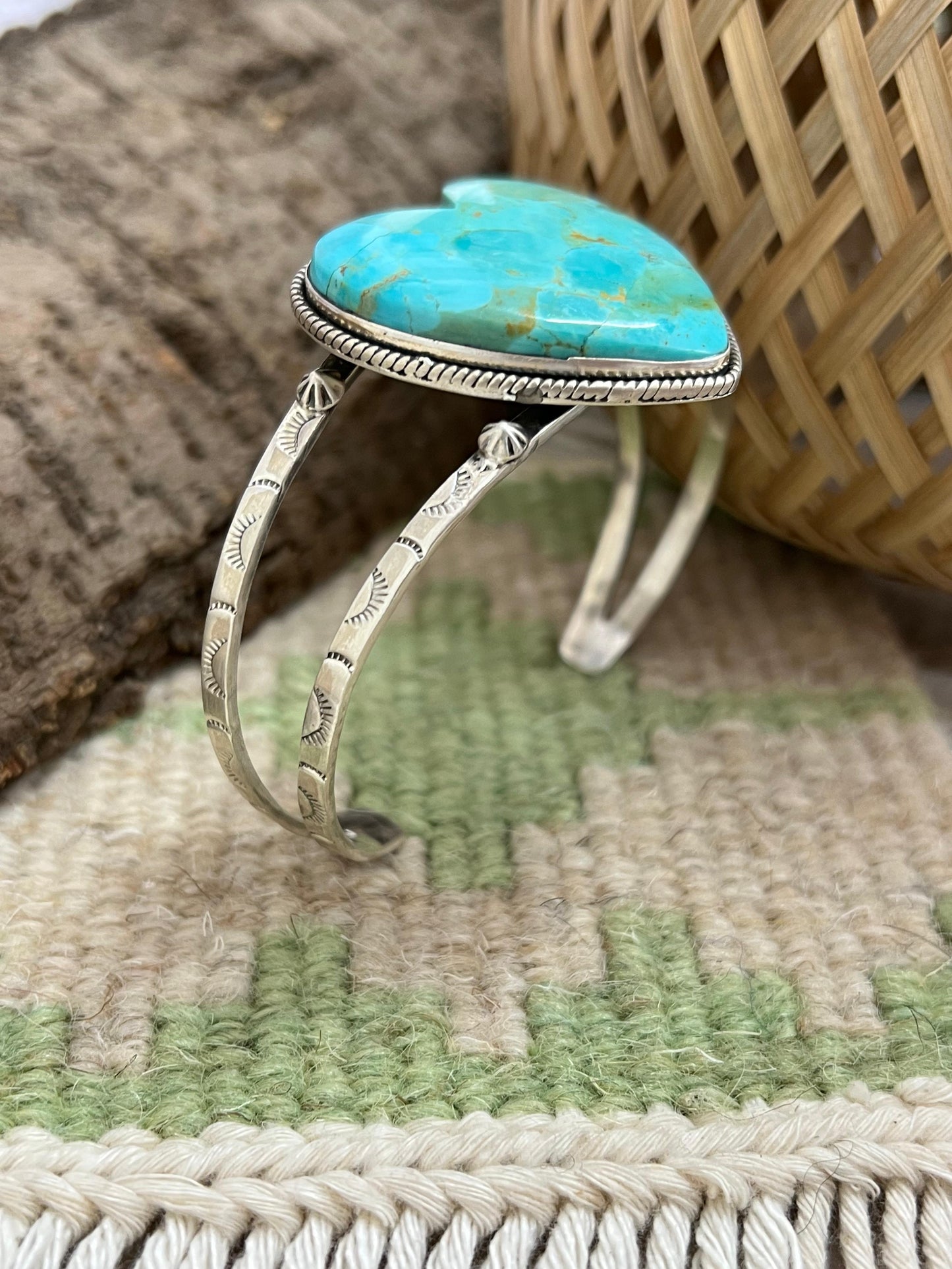 Handmade Sterling Silver Kingman Turquoise Heart Bracelet with Signed Nizhoni