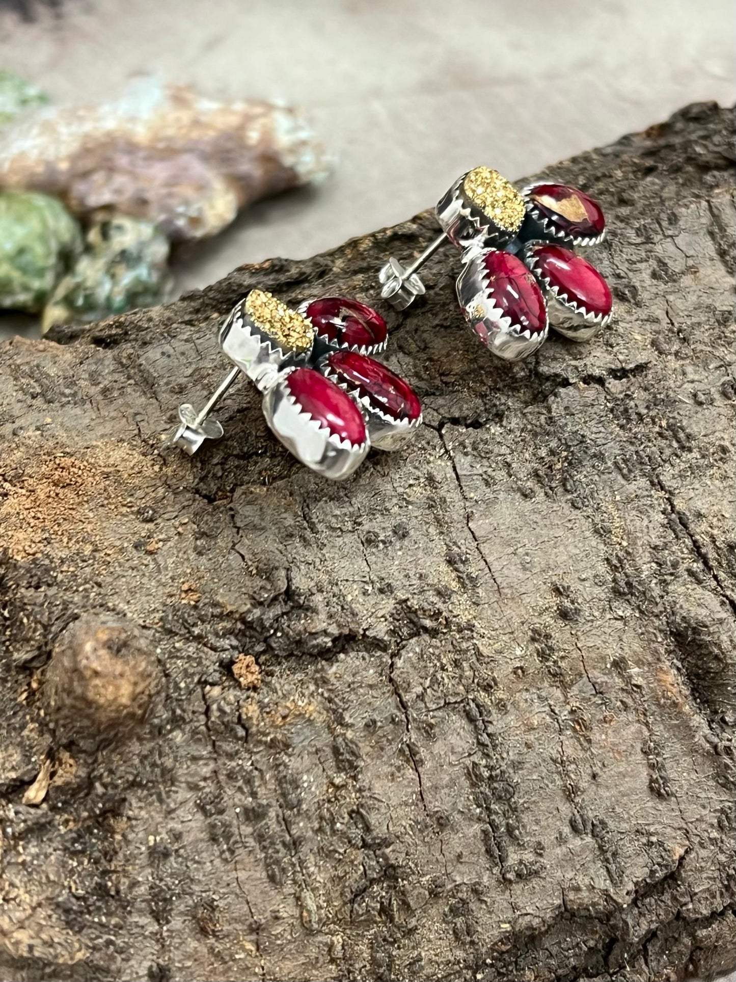 Handmade Sterling Silver Dahlia Rose with Druzy Post Earrings with Signed Nizhoni