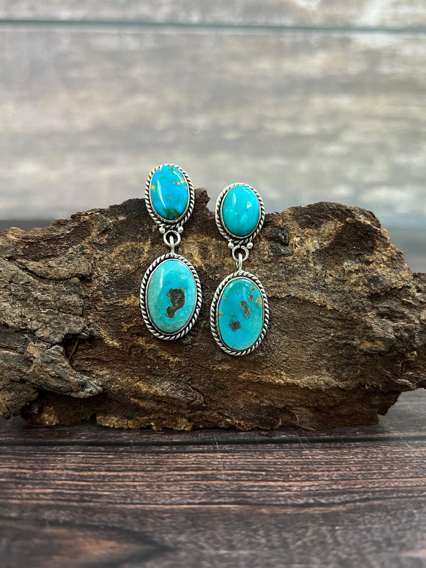 Handmade Sterling Silver South Hill Turquoise Post Dangle Earrings with Signed Nizhoni