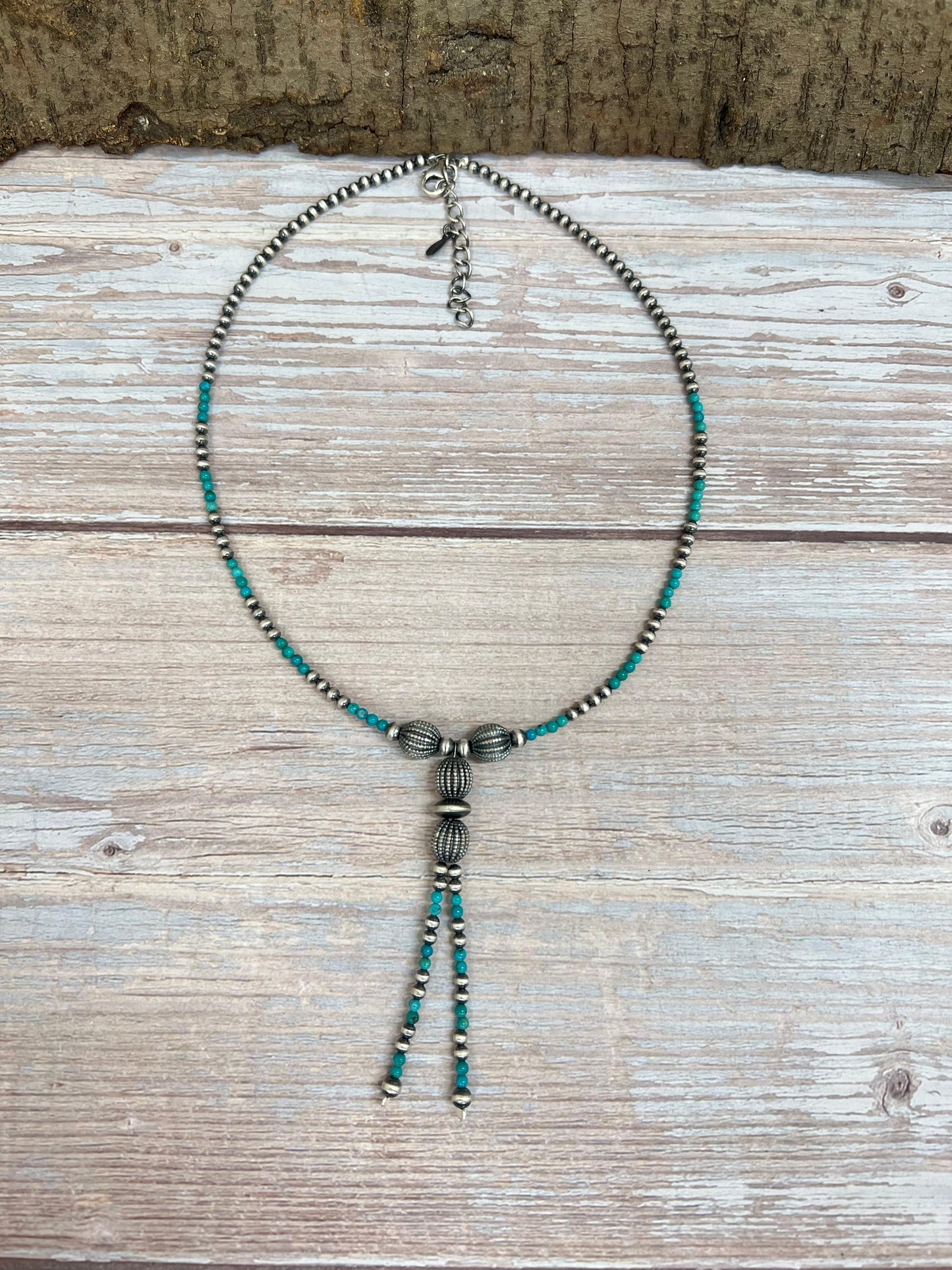 Handmade Sterling Silver Kingman Turquoise Beaded Necklace with Signed Nizhoni