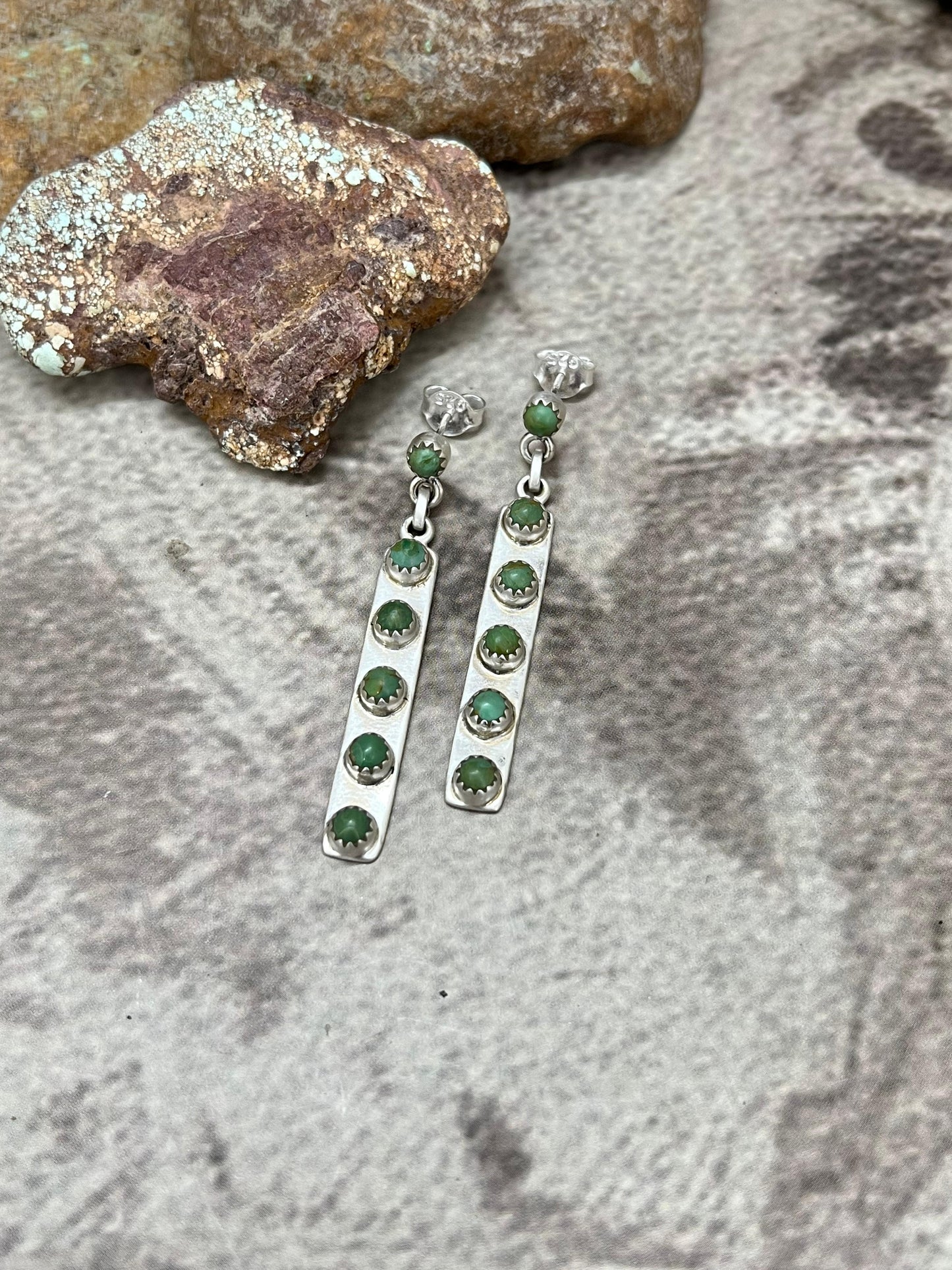 Handmade Sterling Silver Kingman Turquoise Post Dangle Earrings with Signed Nizhoni