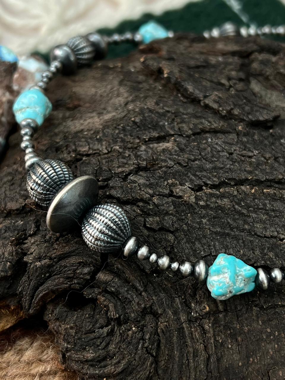 Handmade Sterling Silver Beaded White Water Turquoise Necklace "Signed Nizhoni"