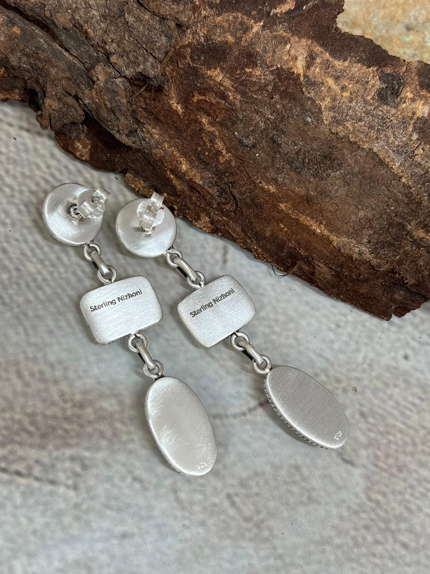 Handmade Sterling Silver Kingman Turquoise Post Dangle Earrings with Signed Nizhoni