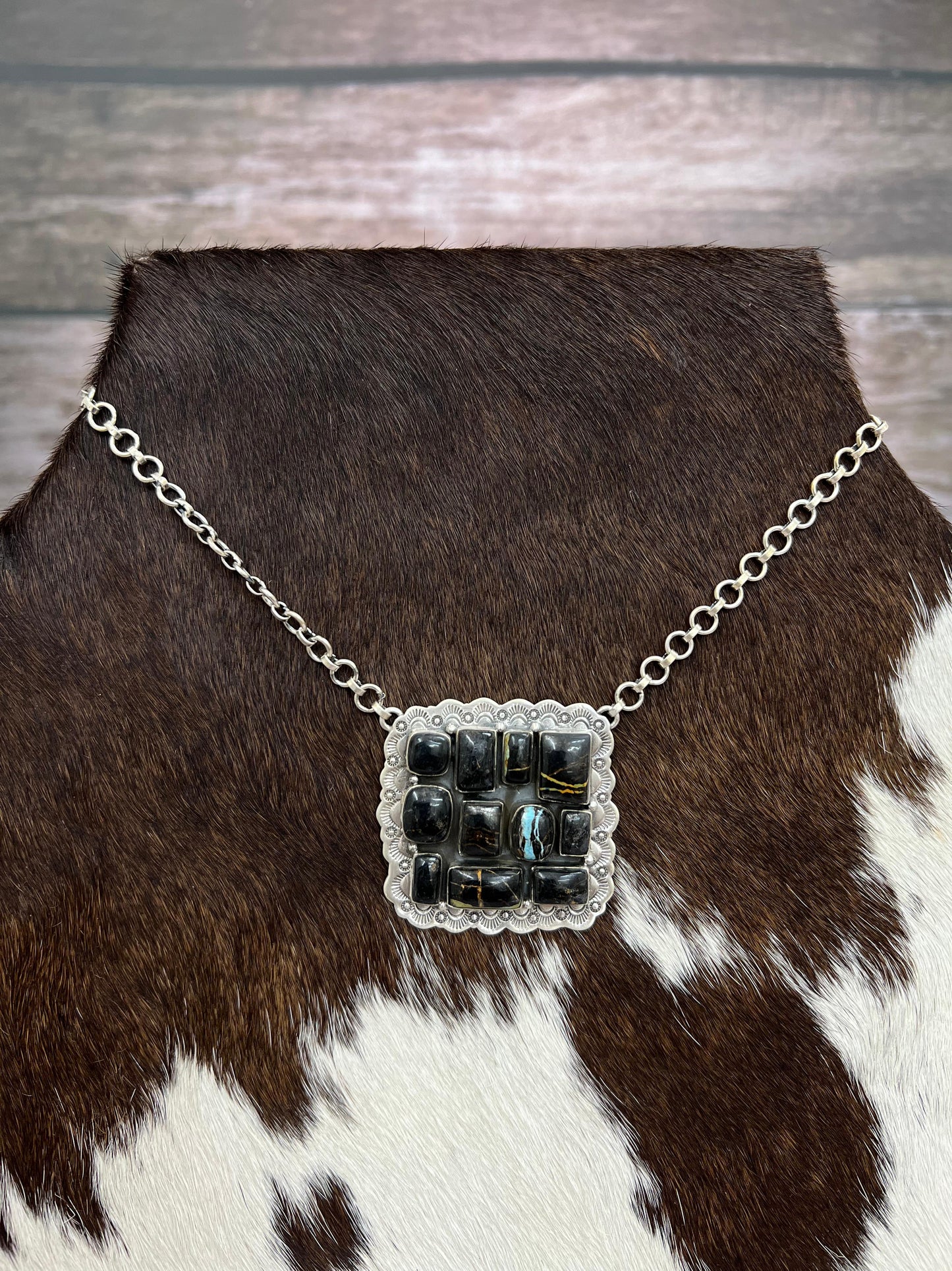 Handmade Sterling Silver Blackjack Turquoise Necklace with Signed Nizhoni