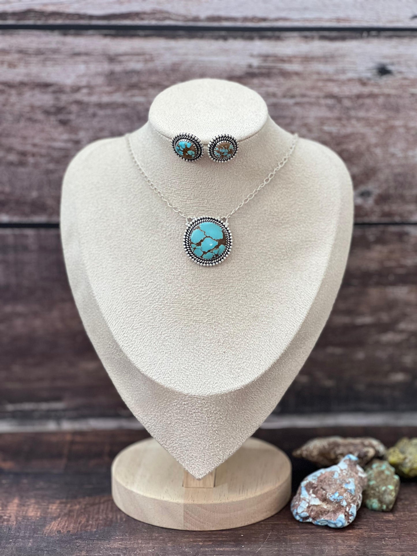 Handmade Sterling Silver Number 8 Turquoise Necklace Earrings Set with Signed Nizhoni