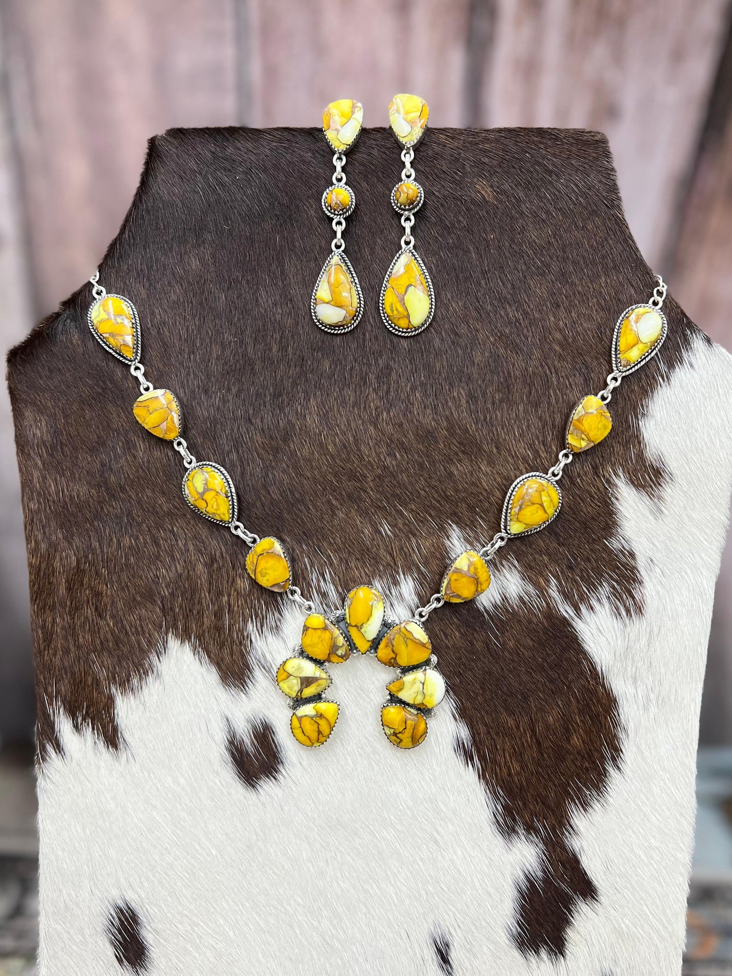 Handmade Sterling Silver Honey Dahlia Squash Blossom Necklace Earrings Set, Signed Nizhoni