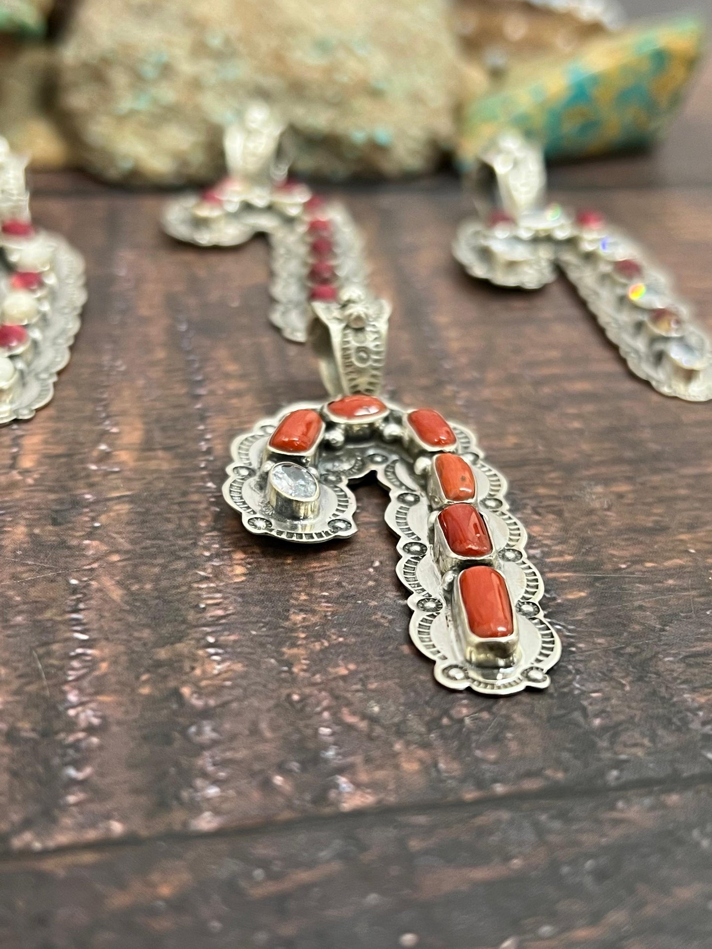 Handmade Sterling Silver Dahlia Rose, White Buffalo, Coral Pendant, Signed Nizhoni
