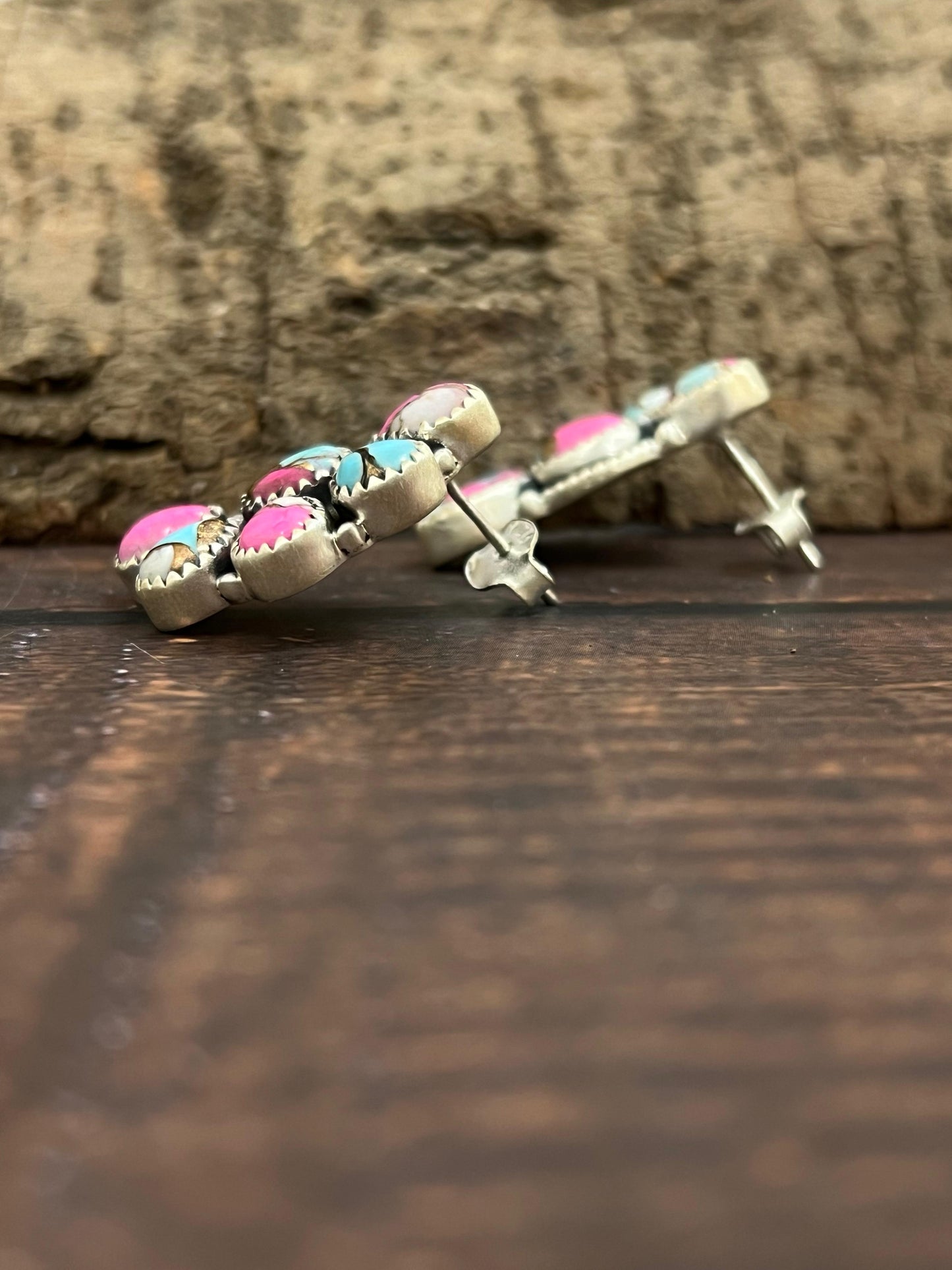 Handmade Sterling Silver Cotton Candy Turquoise Crescent Post Earrings with Signed Nizhoni