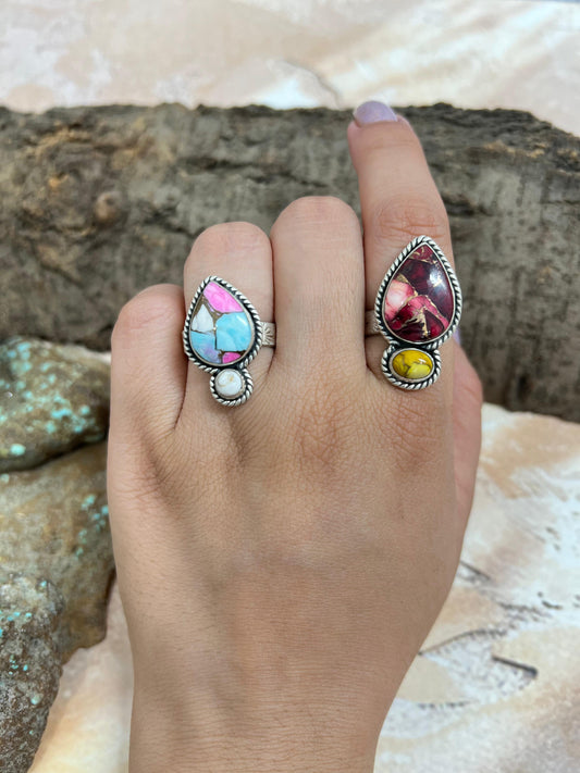 Handmade Sterling Silver Dahlia Rose with Honey Dahlia, Cotton Candy with White Buffalo Turquoise Adjustable Ring, Signed Nizhoni