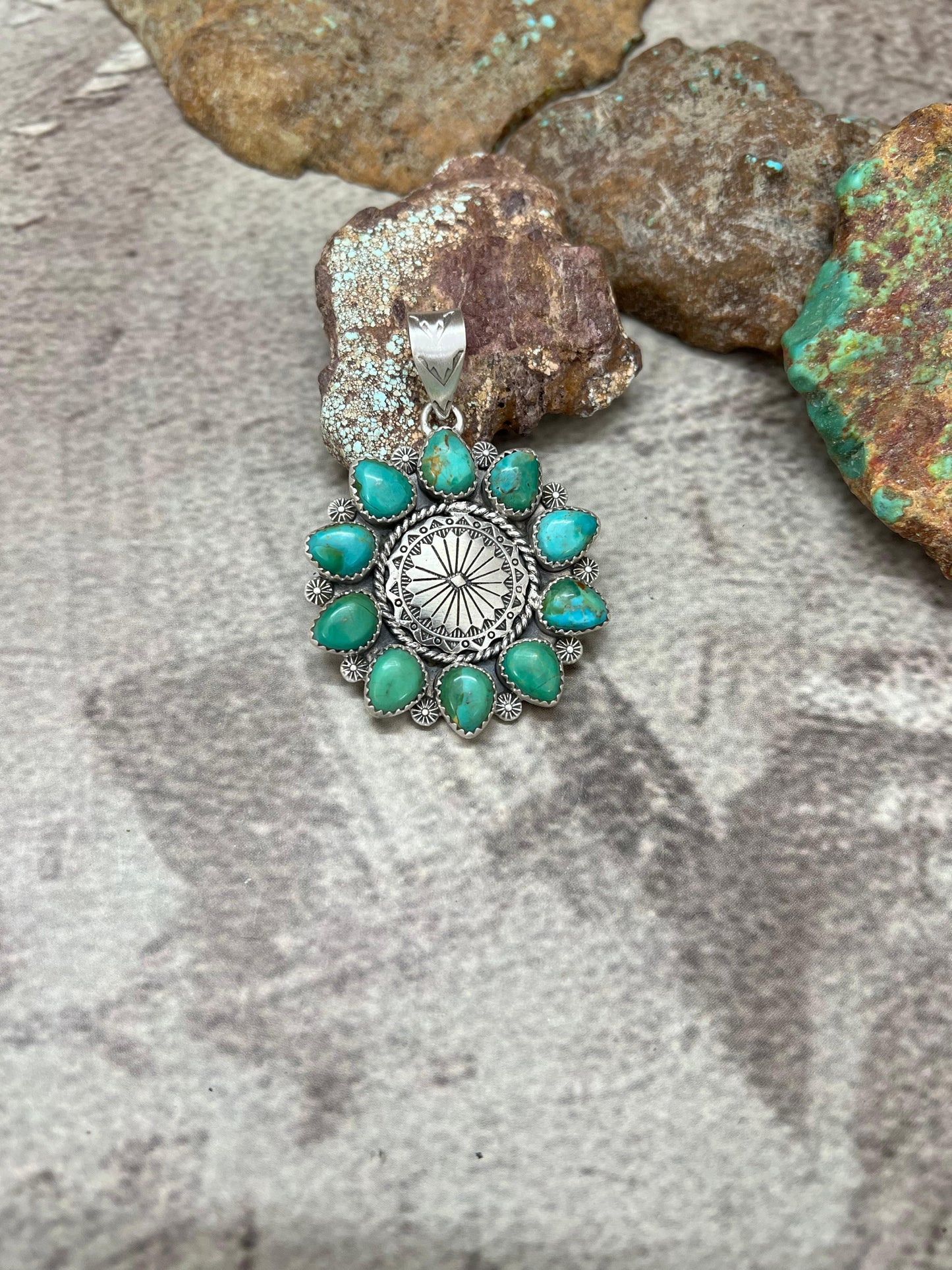 Handmade Sterling Silver Kingman Turquoise Pendant with Signed Nizhoni