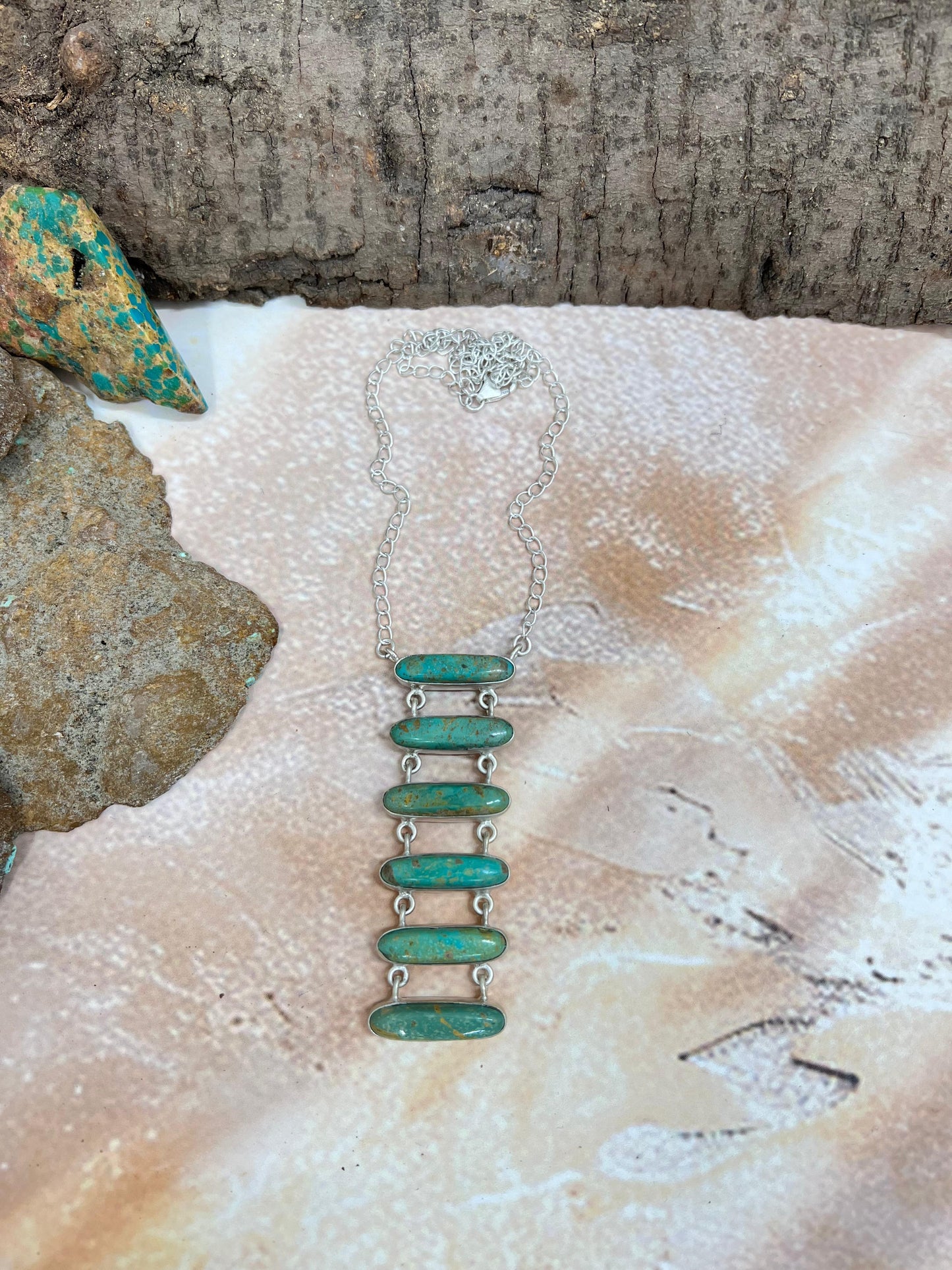 Handmade Sterling Silver Royston Turquoise Stairs Style Necklace with Signed Nizhoni