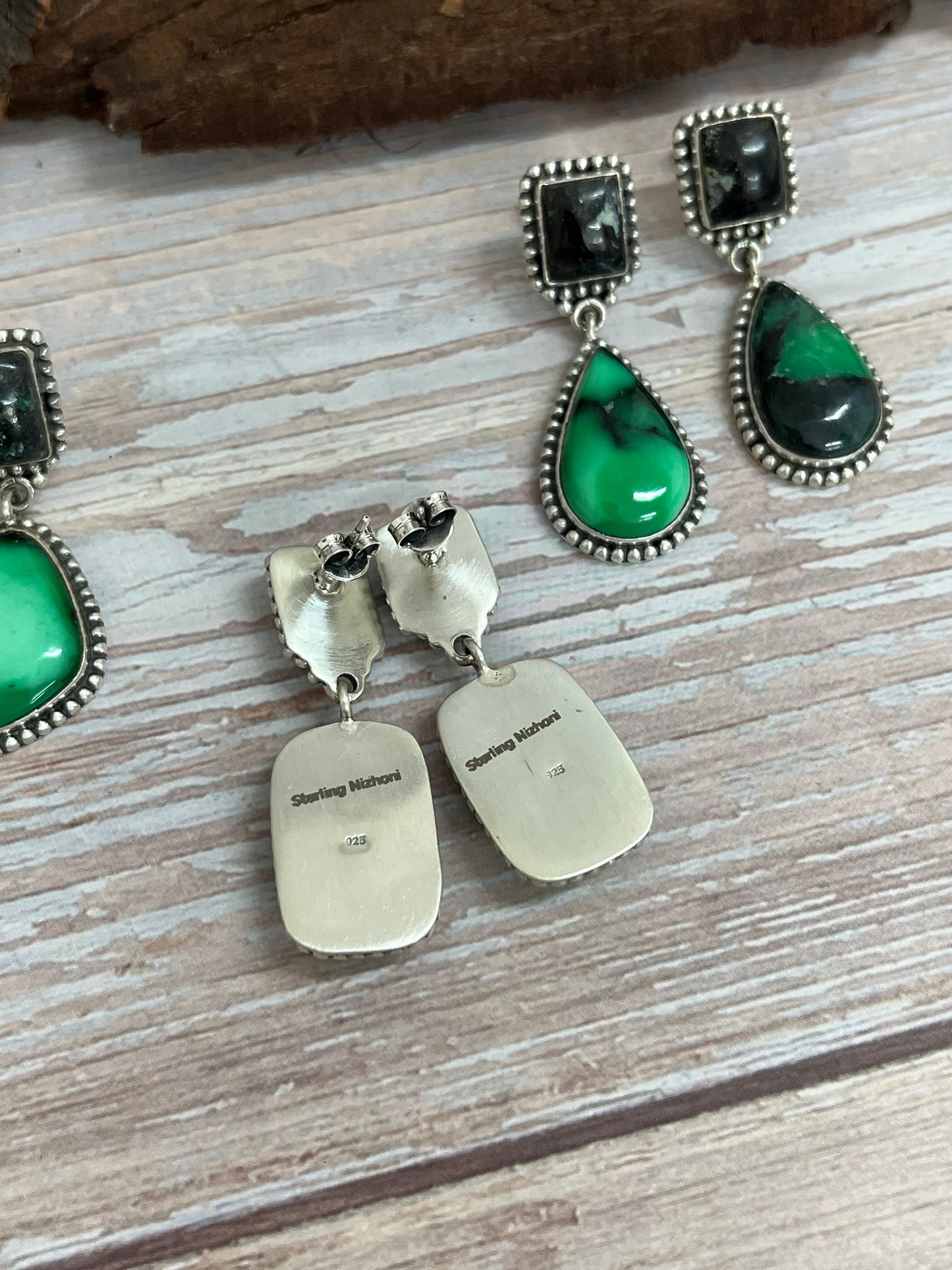 Handmade Sterling Silver Emerald Rose Post Dangle Earrings with Signed Nizhoni