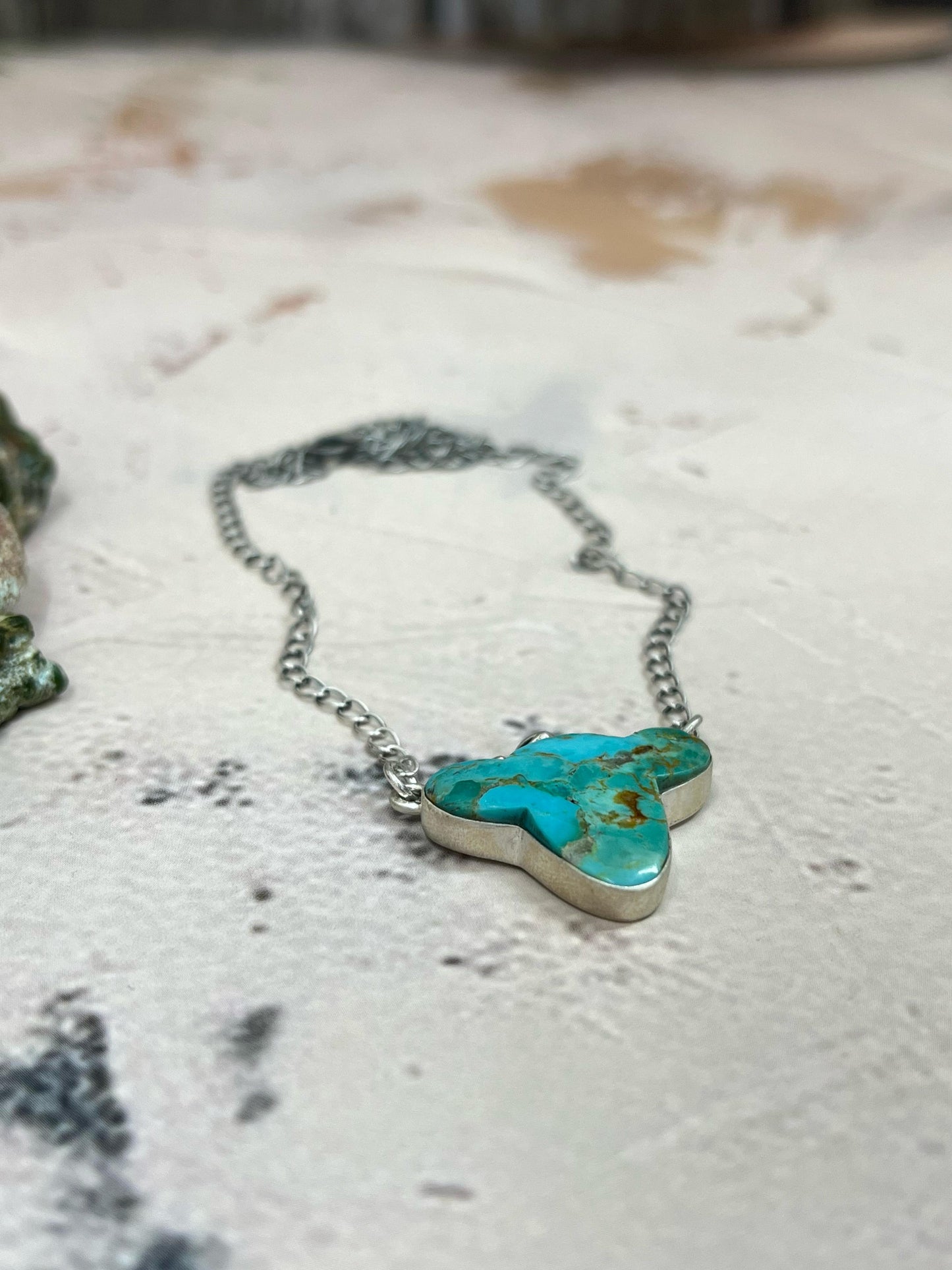 Handmade Sterling Silver Kingman Turquoise Cowhead Necklace with Signed Nizhoni