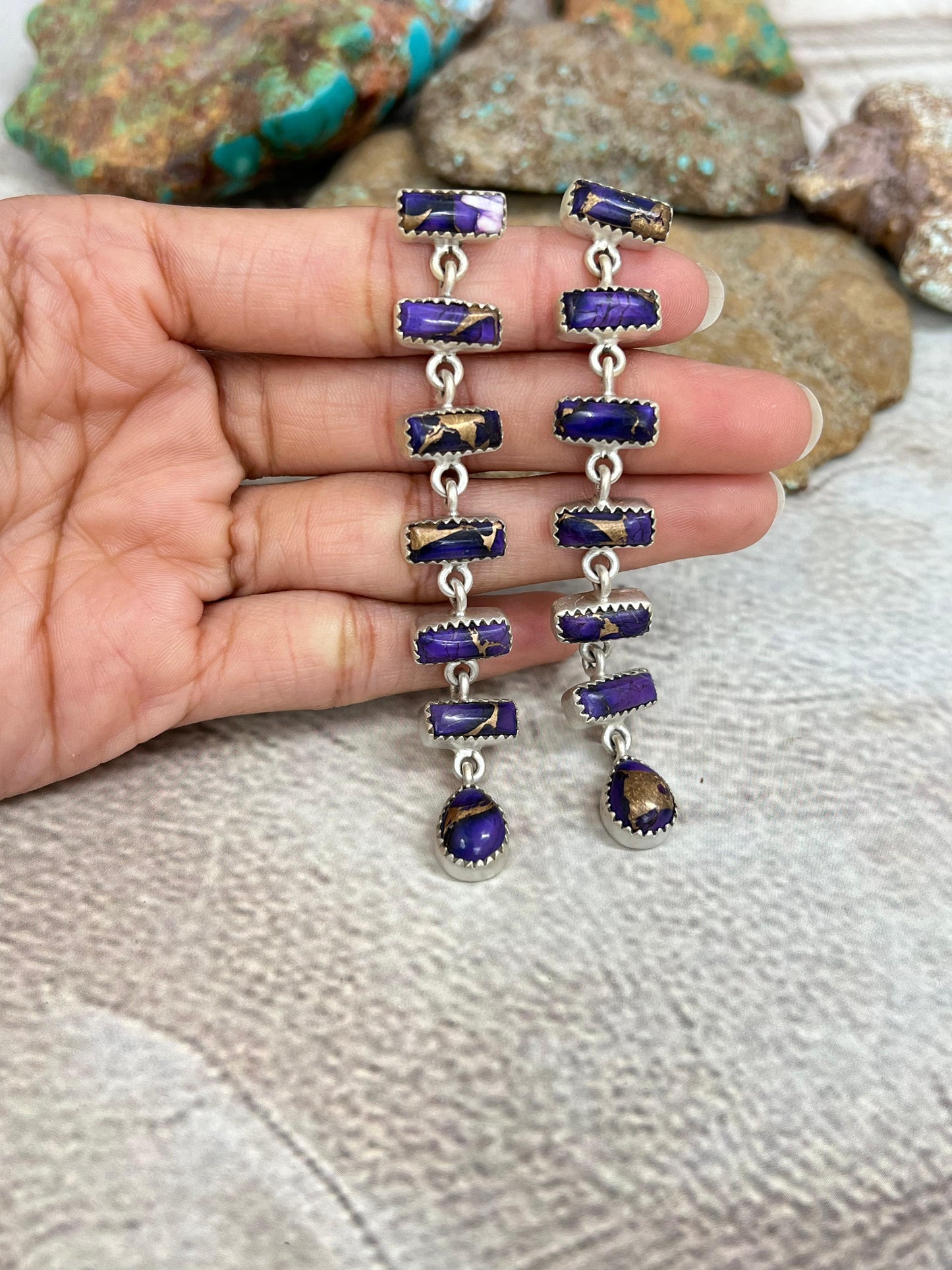 Handmade Sterling Silver Grape Dahlia Dangle Earrings with Signed Nizhoni