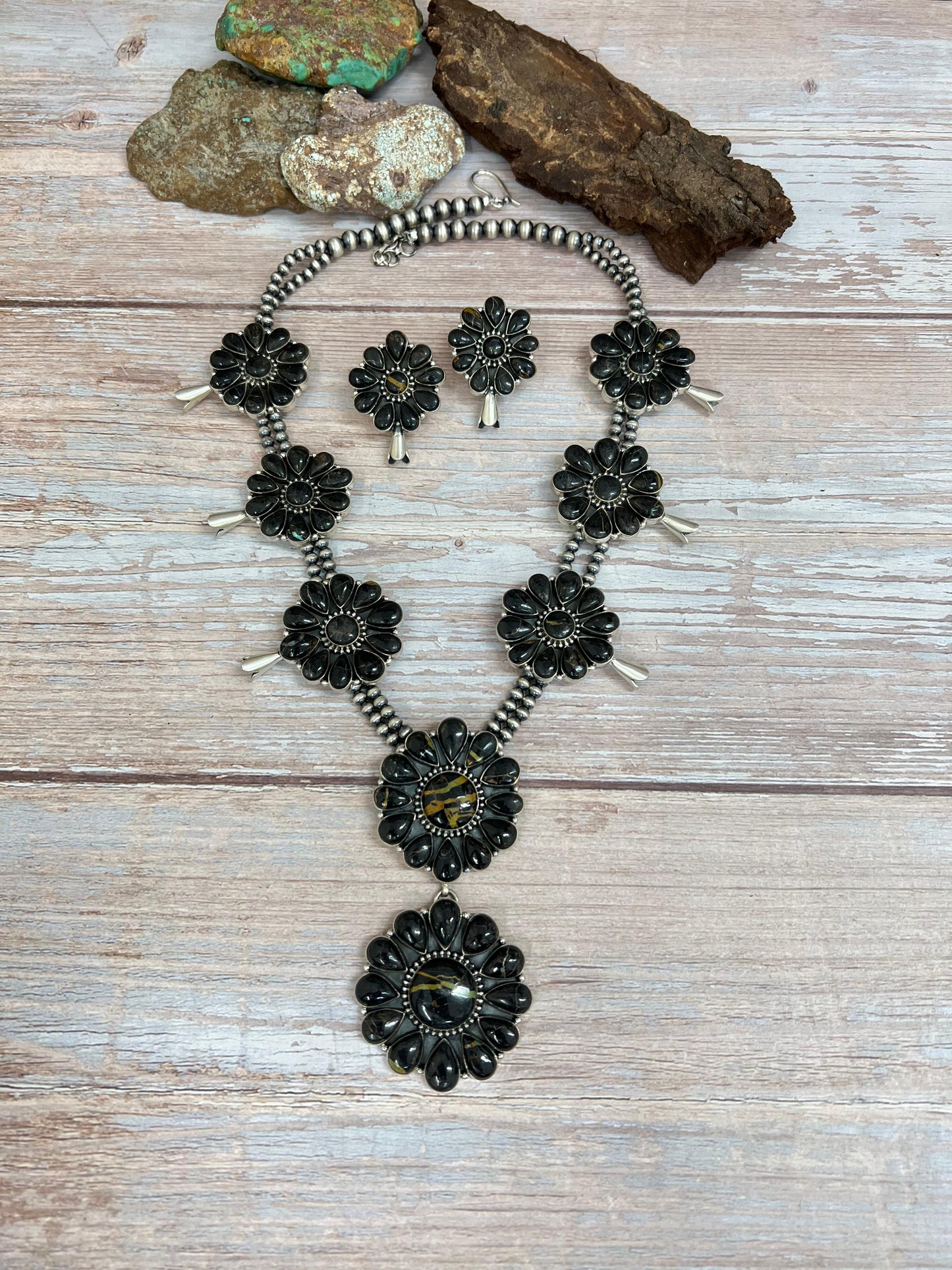 Handmade Sterling Silver Blackjack Turquoise Beaded Blossom Necklace Earrings Set with Signed Nizhoni