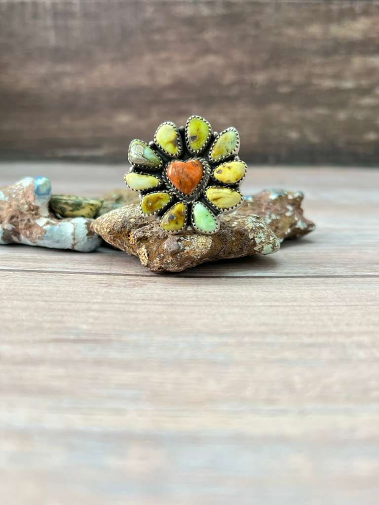 Handmade Sterling Silver Apple Coral and Palomino Adjustable Ring "Signed Nizhoni"