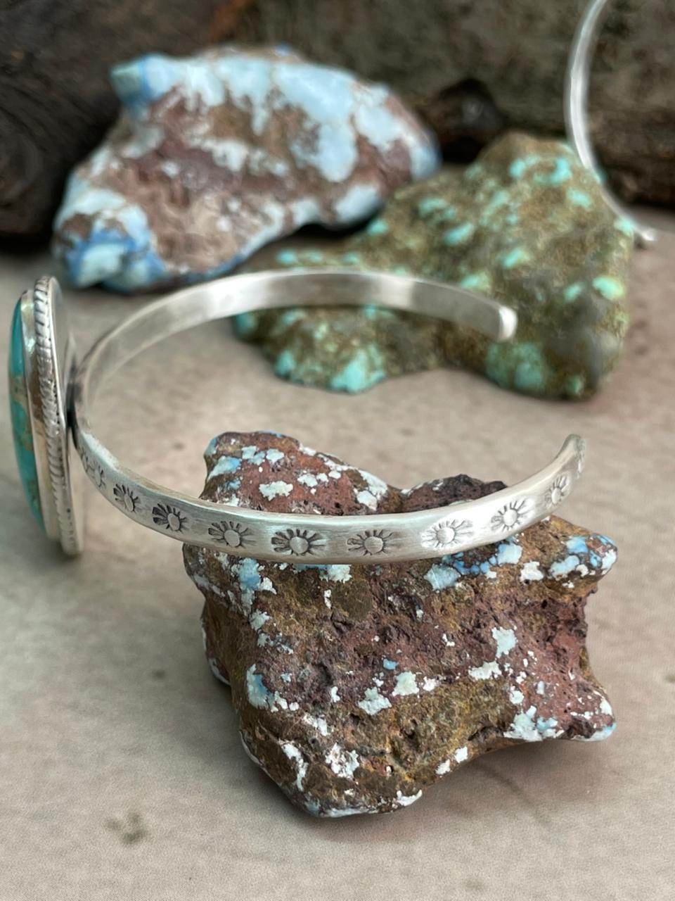 Handmade Sterling Silver Mantis Turquoise Cuff Bracelet with Signed Nizhoni