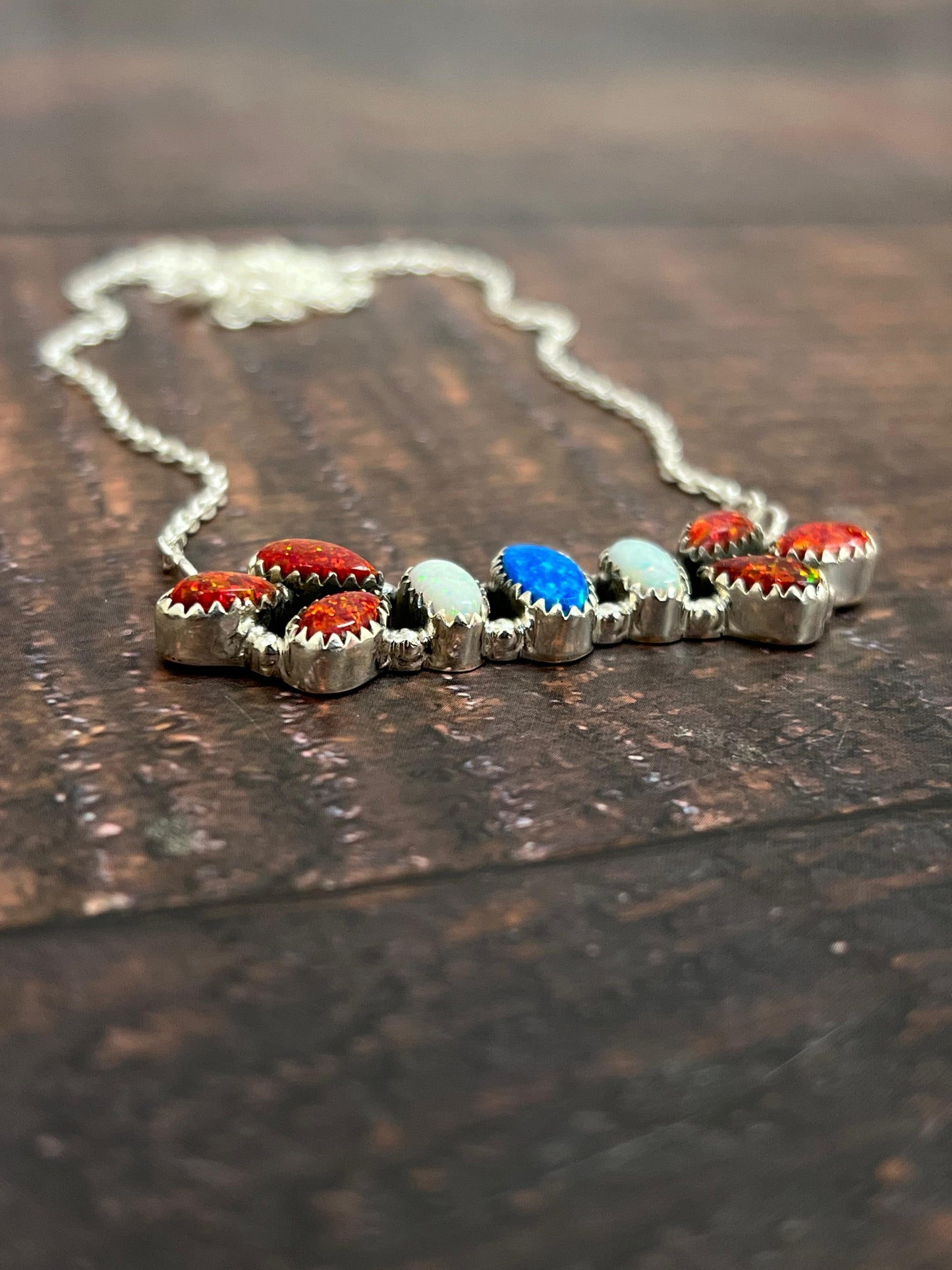 ** 4TH OF JULY ** Handmade Sterling Silver Synthetic Opal Necklace with Signed Nizhoni