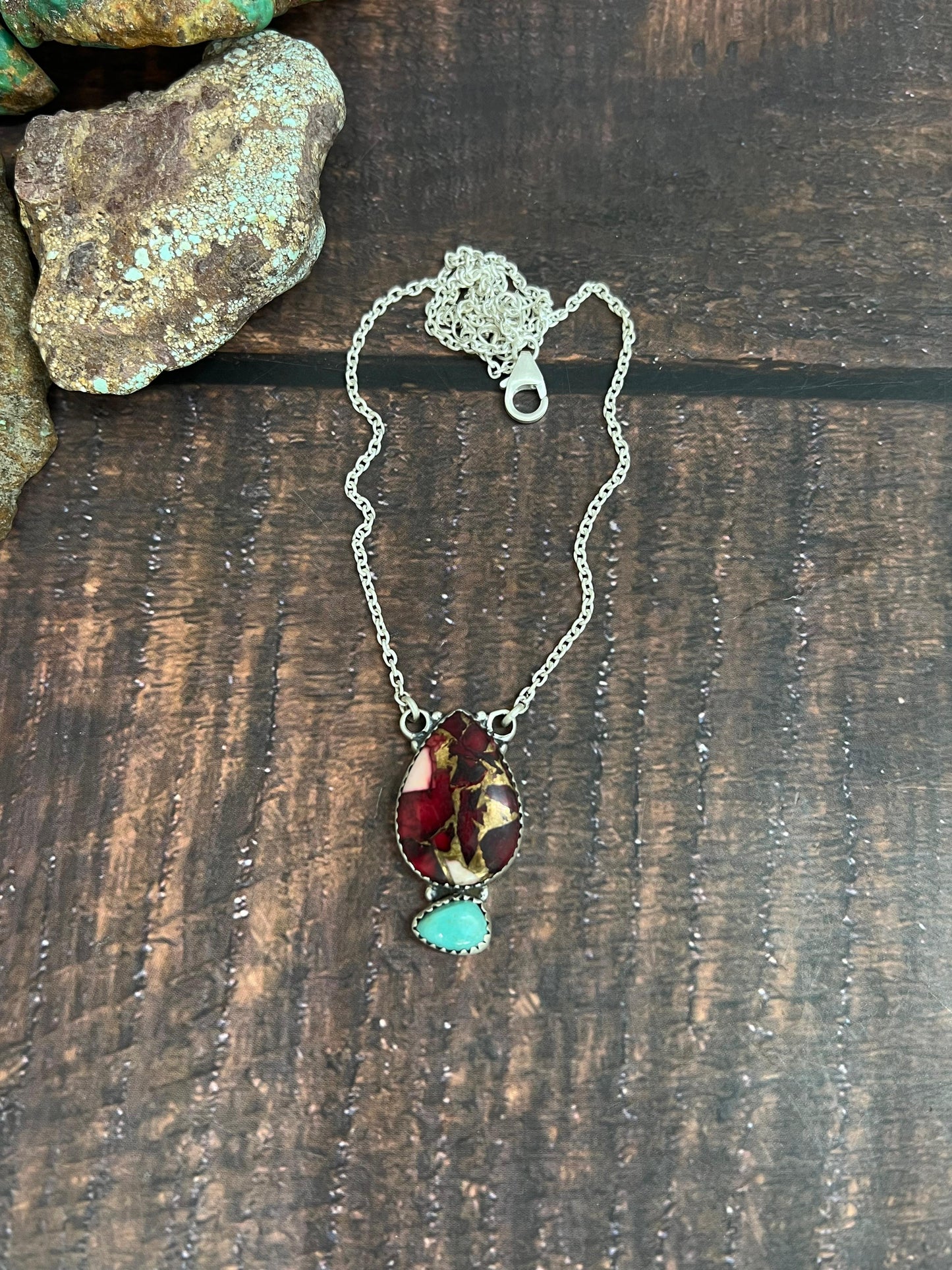 Handmade Sterling Silver Dahlia Rose, Kingman Turquoise Necklace with Signed Nizhoni
