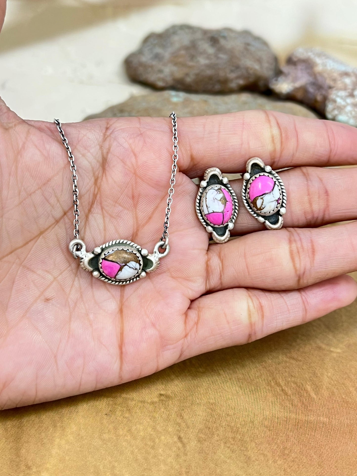 Handmade Sterling Silver Cotton Candy Turquoise Necklace Earrings Set, Signed Nizhoni