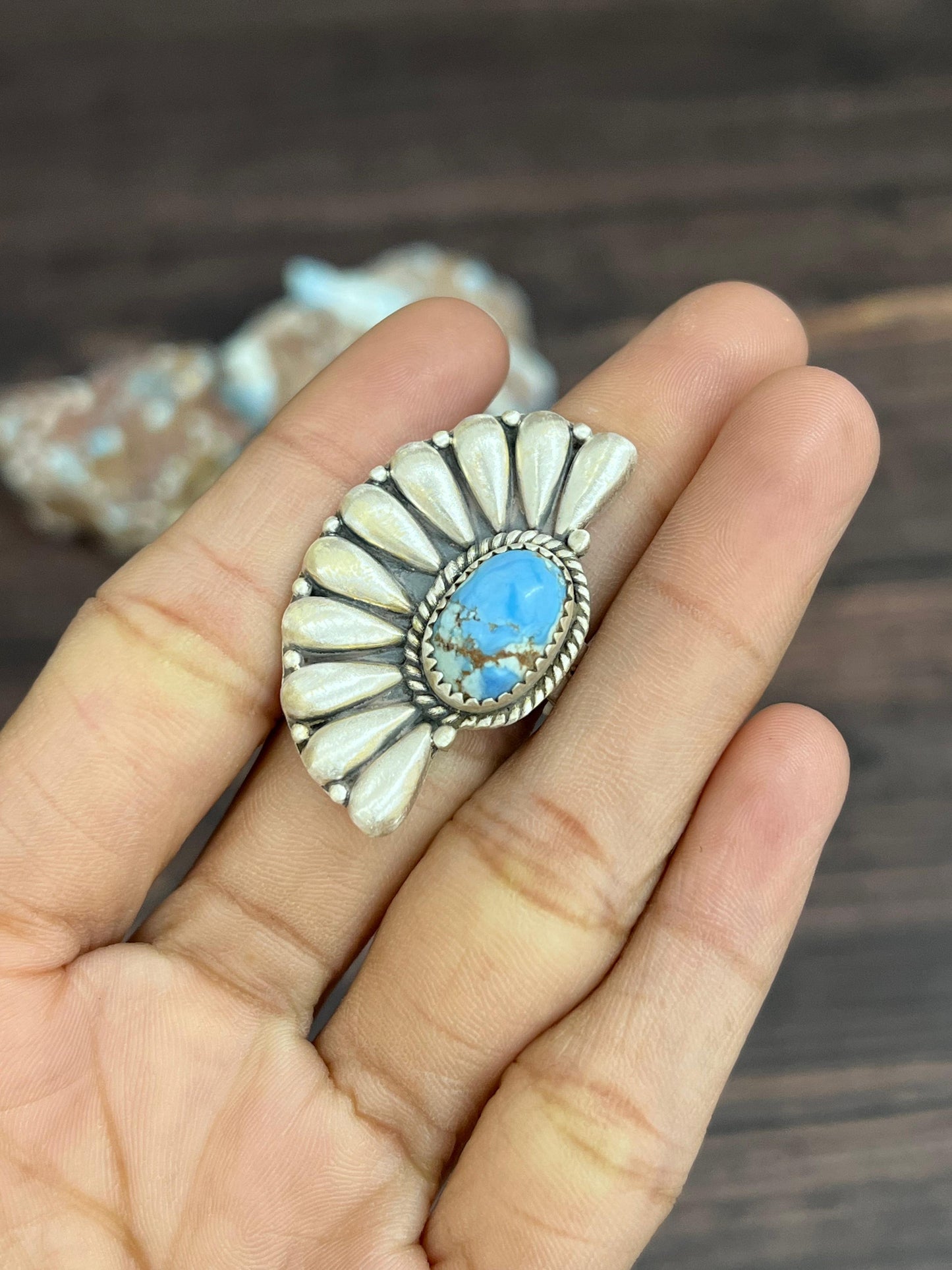 Handmade Sterling Silver with Golden Hills Turquoise Adjustable Ring With Signed Nizhoni