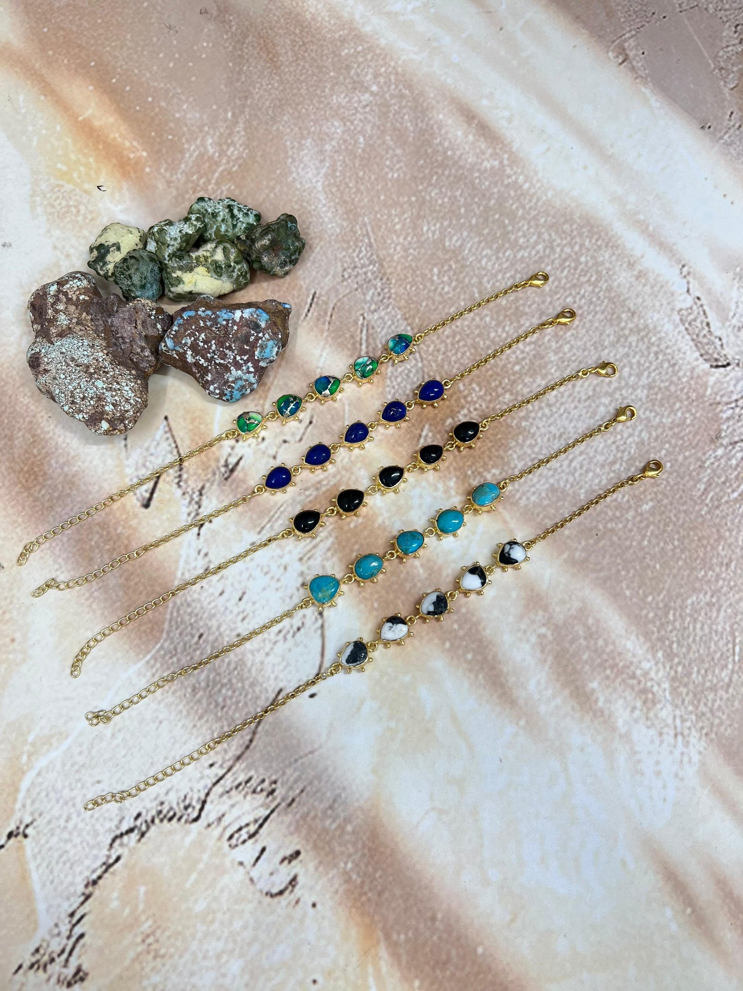 “The Golden Collection” Handmade Natural Gold Plated Peacock Dahlia, Kingman, Black Onyx, Lapis, White Buffalo Turquoise Bracelet