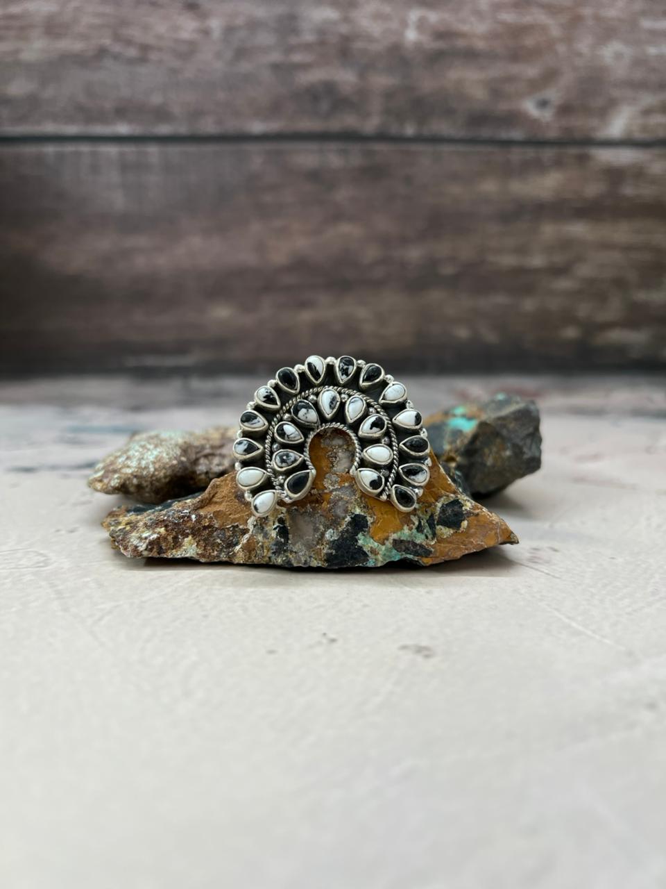 Handmade Sterling Silver White Buffalo Turquoise Naja Adjustable Ring "Signed Nizhoni"