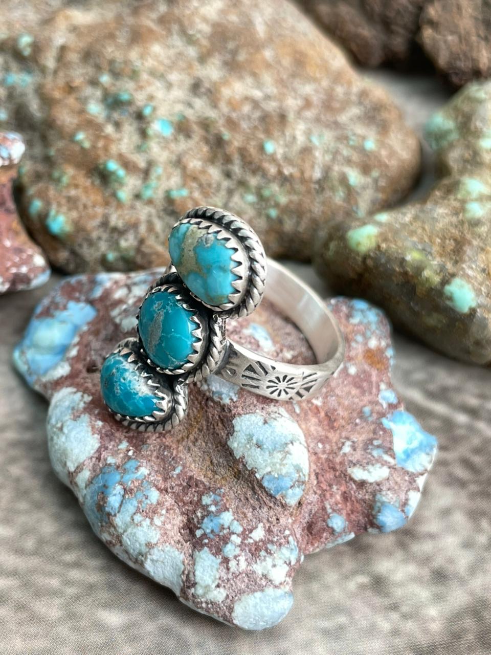 Handmade Sterling Silver White Water Turquoise Adjustable Ring with Signed Nizhoni