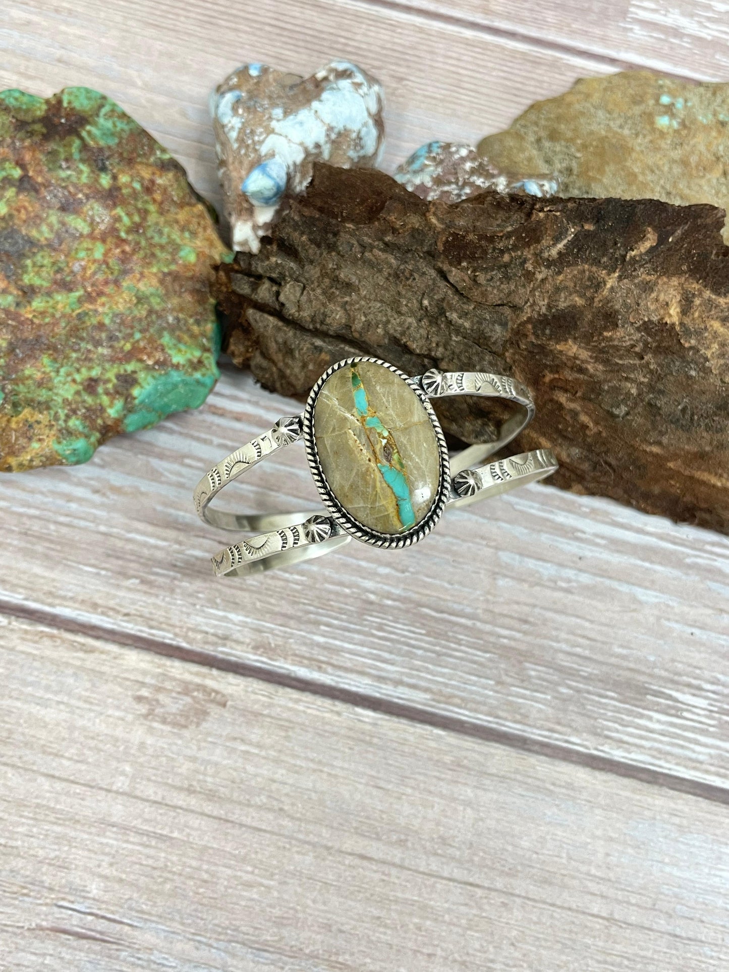 Handmade Sterling Silver Ribbon Royston Cuff Bracelet with Signed Nizhoni