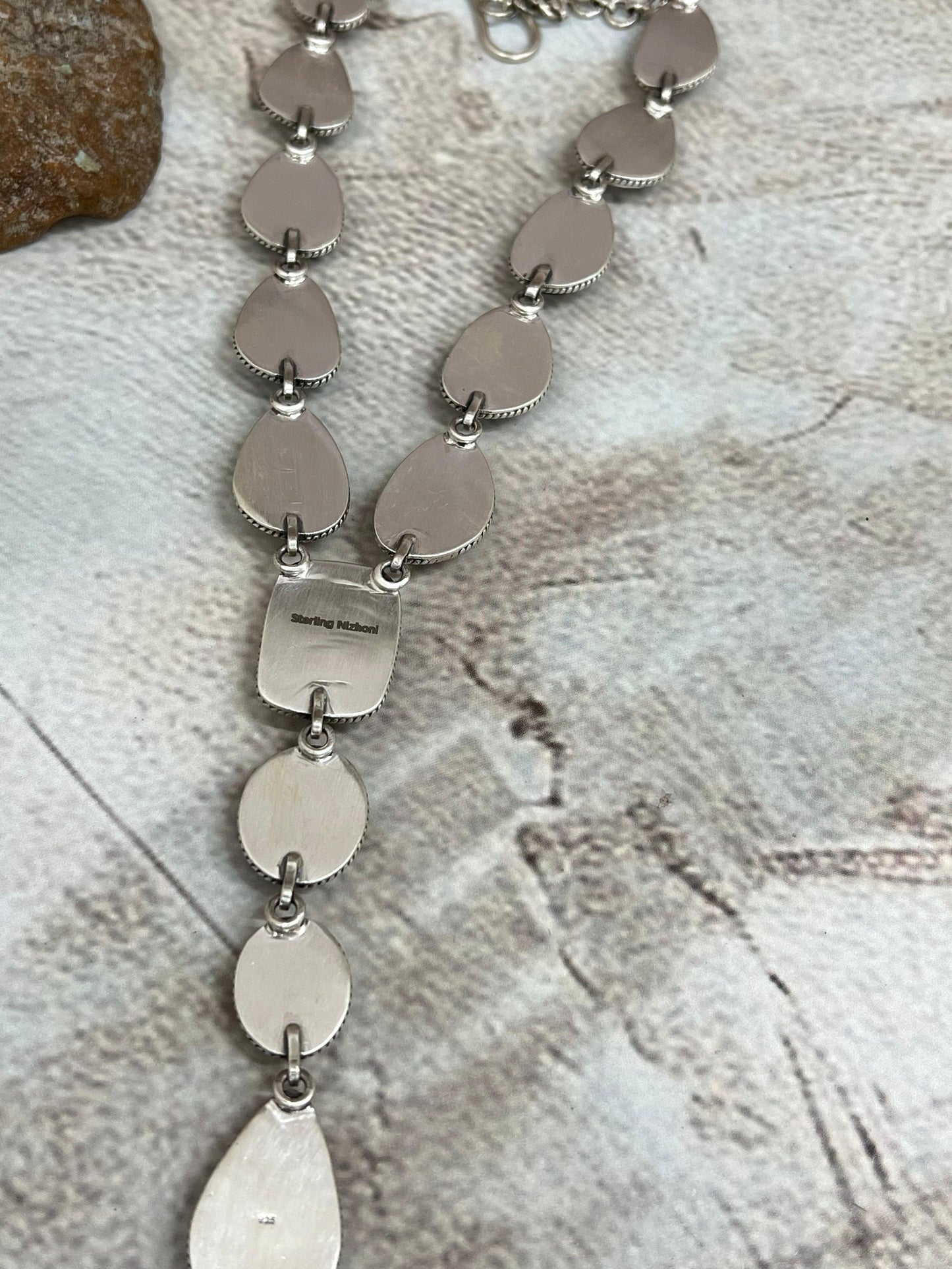 Handmade Sterling Silver Blackjack Turquoise Lariat Necklace Signed Nizhoni