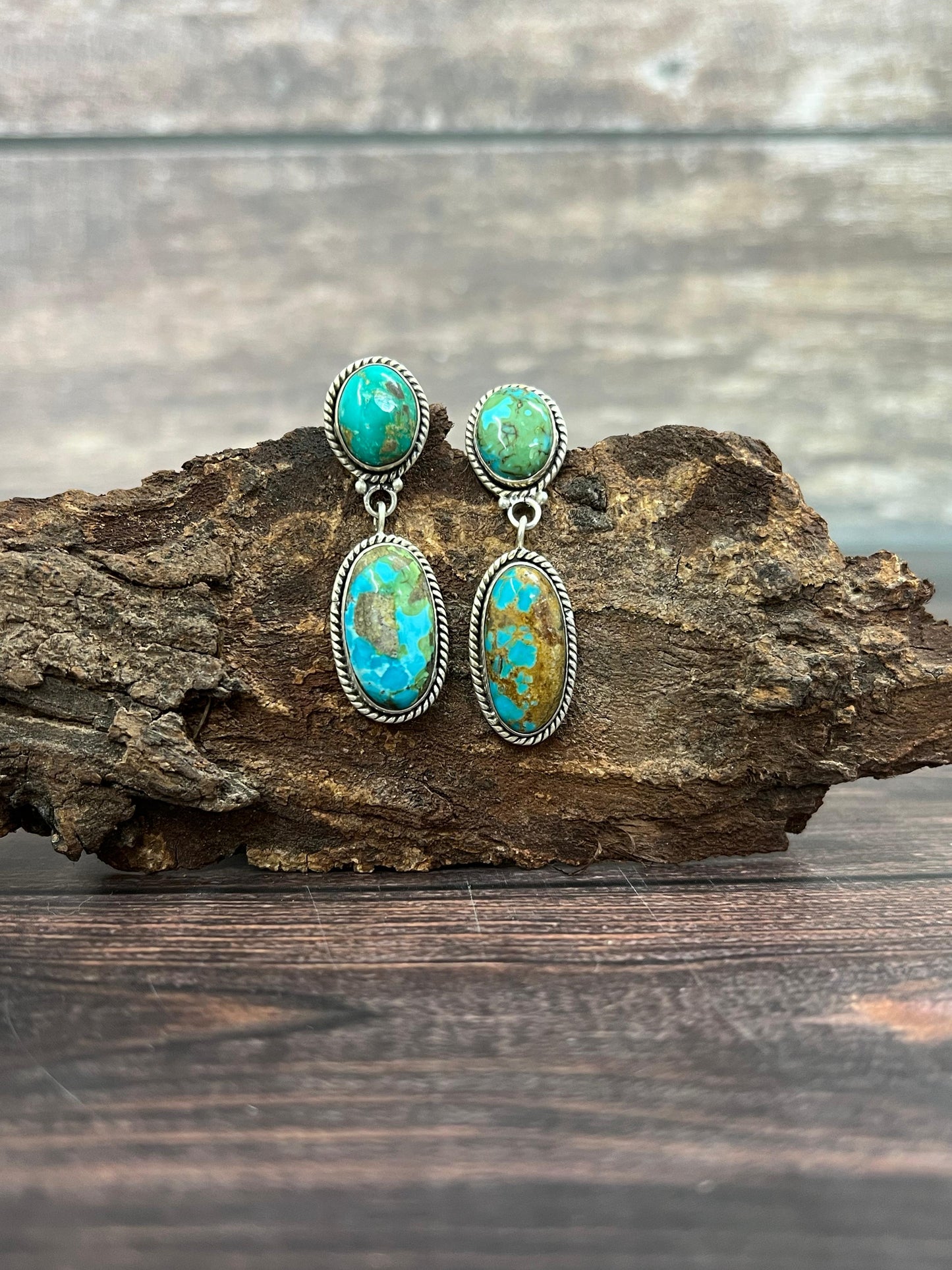 Handmade Sterling Silver South Hill Turquoise Post Dangle Earrings with Signed Nizhoni