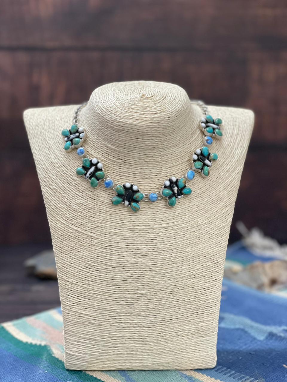 Handmade Sterling Silver White Buffalo with Kingman and Golden Hills Turquoise Necklace "Signed Nizhoni"