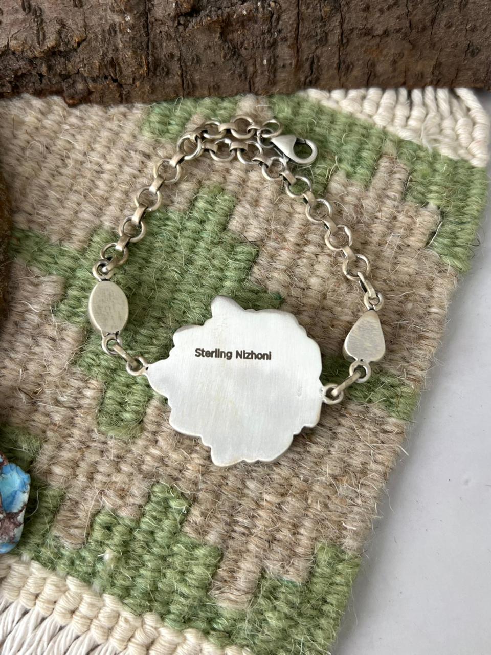 Handmade Sterling Silver Palomino with Golden Hills Turquoise Chain Bracelet "Signed Nizhoni"
