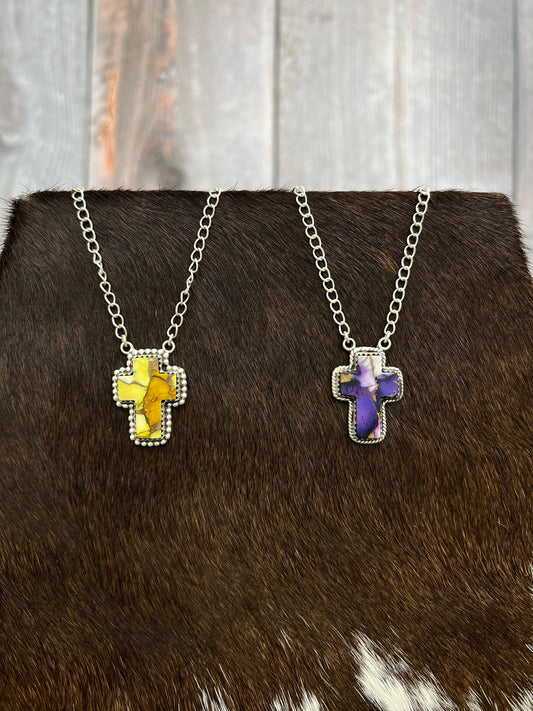 Handmade Sterling Silver Multi Gemstone Cross Necklace with Signed Nizhoni