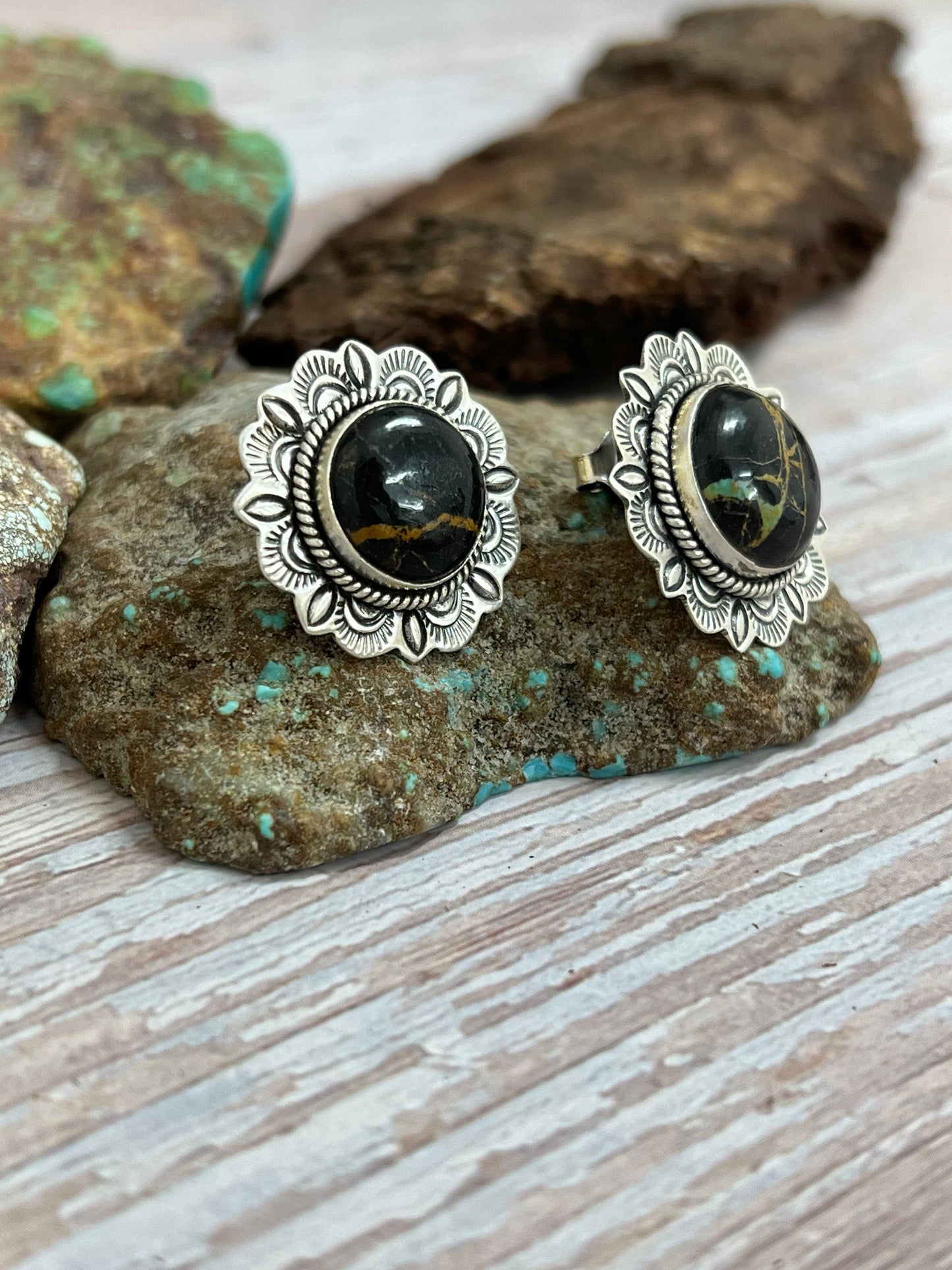 Handmade Sterling Silver Blackjack Turquoise Post Studs with Signed Nizhoni