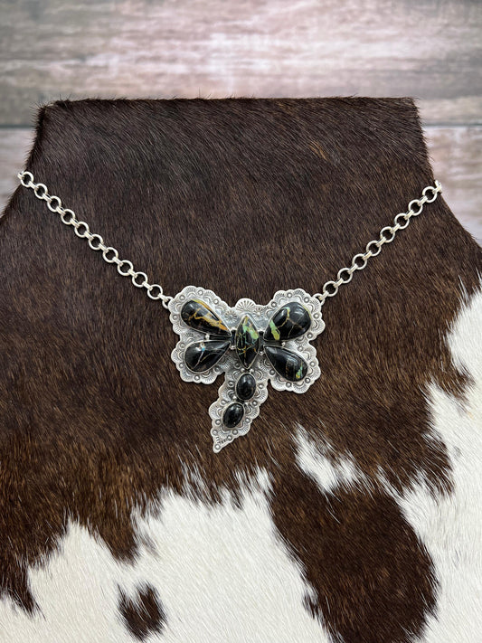 Handmade Sterling Silver Blackjack Turquoise Butterfly Necklace with Signed Nizhoni