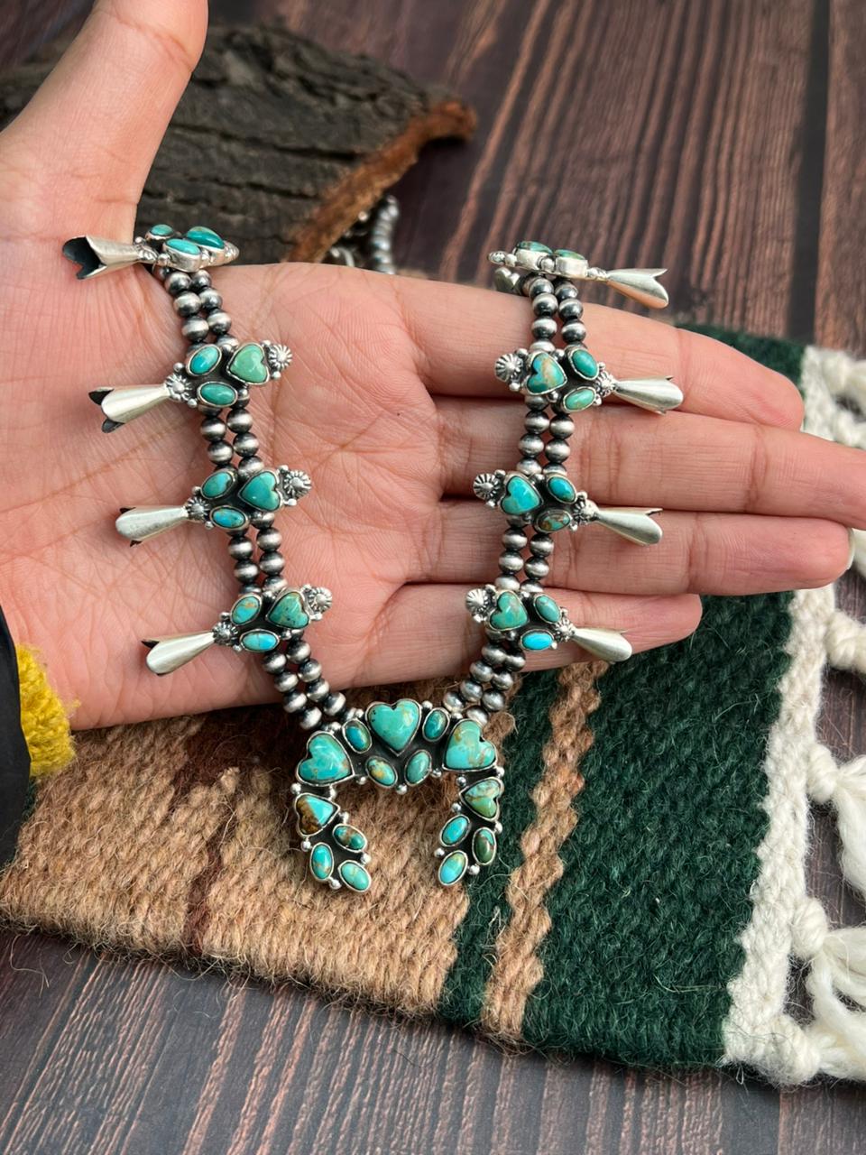 "Heart Collection" Handmade Sterling Silver Beaded Kingman Turquoise Squash Blossom Necklace "Signed Nizhoni"