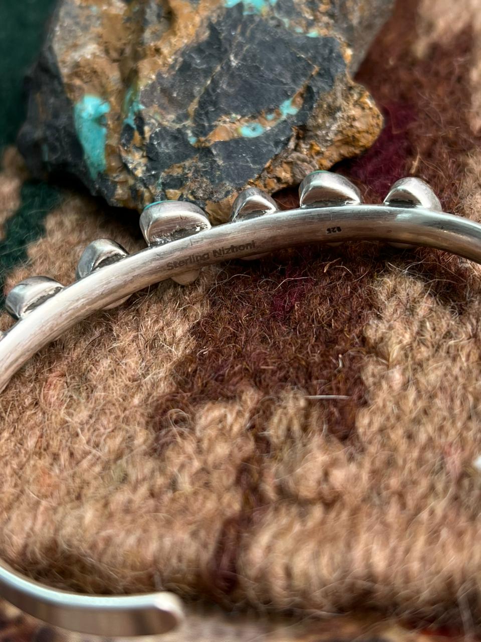 Handmade Sterling Silver Dahlia Rose with Emerald Valley Turquoise Cuff Bracelet "Signed Nizhoni"